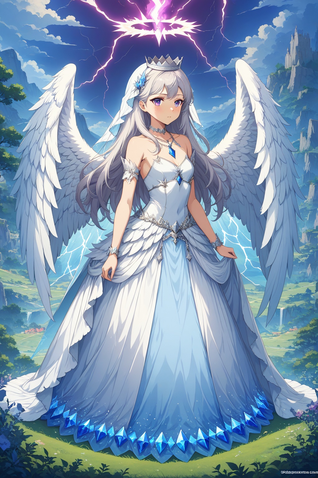 Lori, petite, 1girl, dress, solo, white hair, princess, crown, halo, angel wings, tentacles, long hair, white and blue translucent crystal swan feather skirt, looking at the audience, crystal pendant, veil, face freckles, bare shoulders, heterochromatic eyes, mouth closed, standing, long dress, collarbone, angel, purple fire element, lightning, title, poster, masterpiece, best quality, high definition, 16k, Anime style, <lora:蔚蓝Blue2D游戏角色tusi:1> <lora:蔚蓝Blue中国龙SDXL:0.8> <lora:蔚蓝Blue_ROPG游戏_SDXL_Pony:0.8>