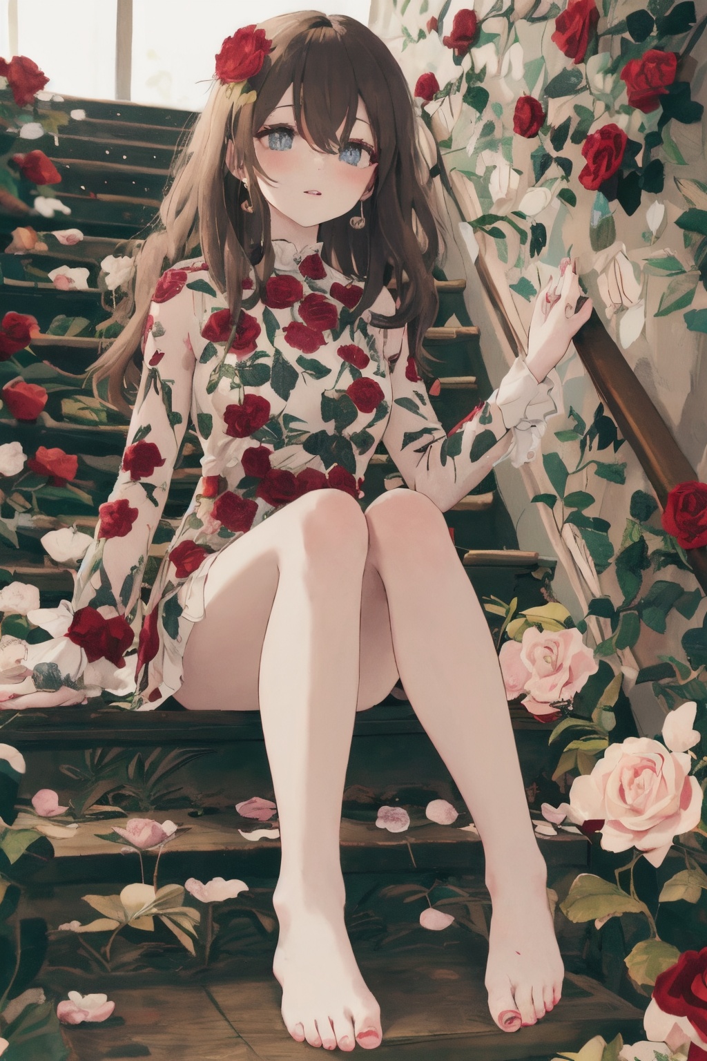 1girl, lbc_rose dress, solo, long hair, breasts, looking at viewer, blush, bangs, blue eyes, brown hair, hair ornament, long sleeves, hair between eyes, jewelry, sitting, full body, flower, earrings, parted lips, barefoot, hair flower, nail polish, feet, legs, petals, bare legs, toes, soles, toenails, stairs, toenail polish, sitting on stairs, rose,<lora:0223 flower_v1:0.8>,