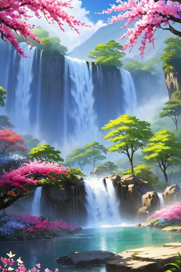 Masterpiece,high quality,scenery,tree,waterfall flower,