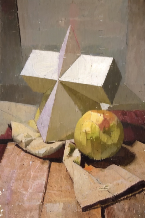 masterpiece,best quality,<lora:Euan-style:1>,Euan Uglow,still life,yellow apple,gypsum geometry,linen lining,wooden base plate,