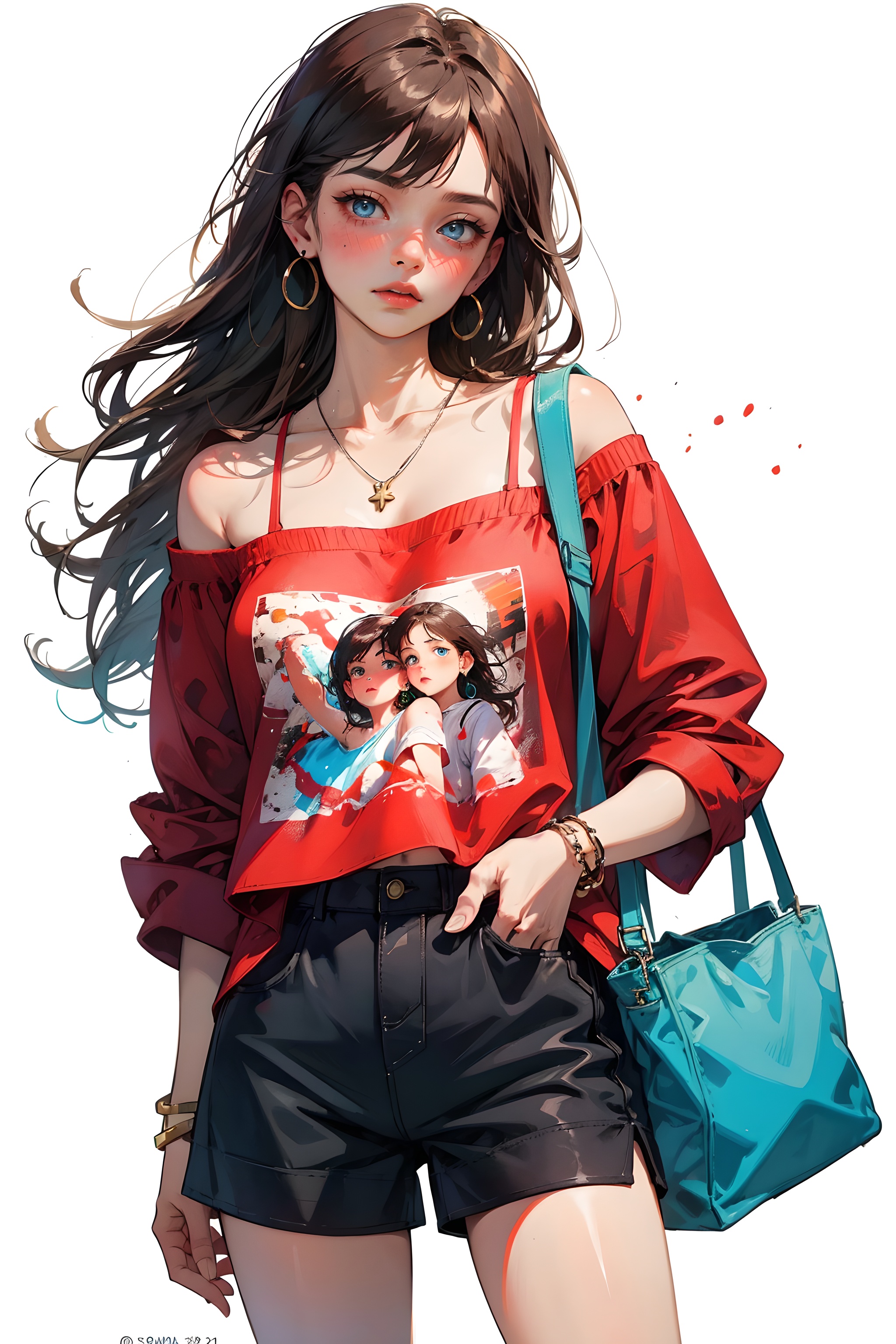 (best quality), ((masterpiece)), (highres), illustration, original, extremely detailed, 1girl, solo, brown hair, bag, jewelry, shorts, white background, blue eyes, looking at viewer, earrings, bare shoulders, simple background, shirt, collarbone, long hair, off shoulder, off-shoulder shirt, bracelet, hand in pocket, bangs,  red shirt, cowboy shot, signature, blush, black shorts,  shoulder bag, twitter username, necklace