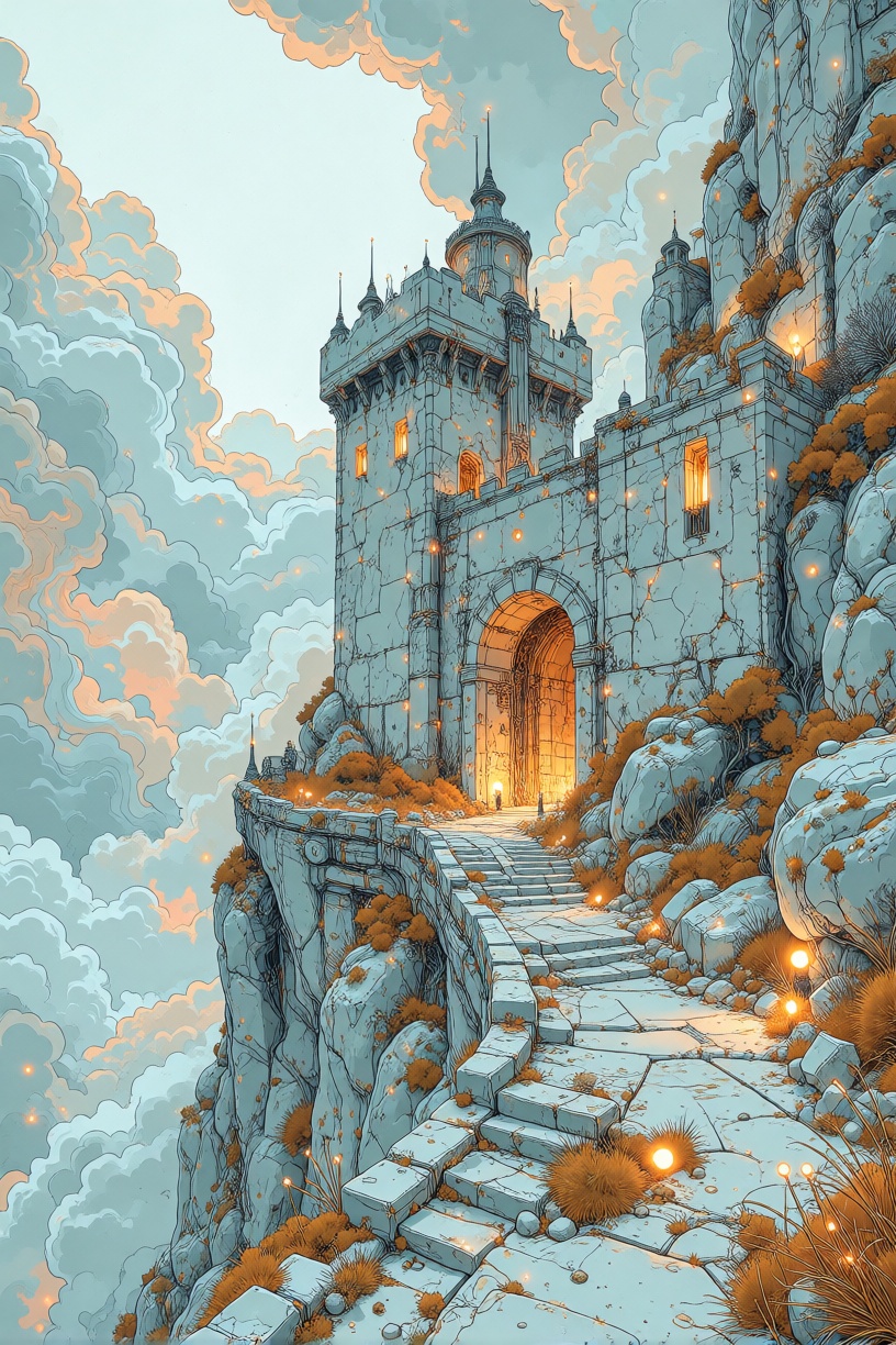 Cliffside fortress built from stark white stone,  swirling pastel mists clinging to the battlements,  YFGFutureBlue style...
