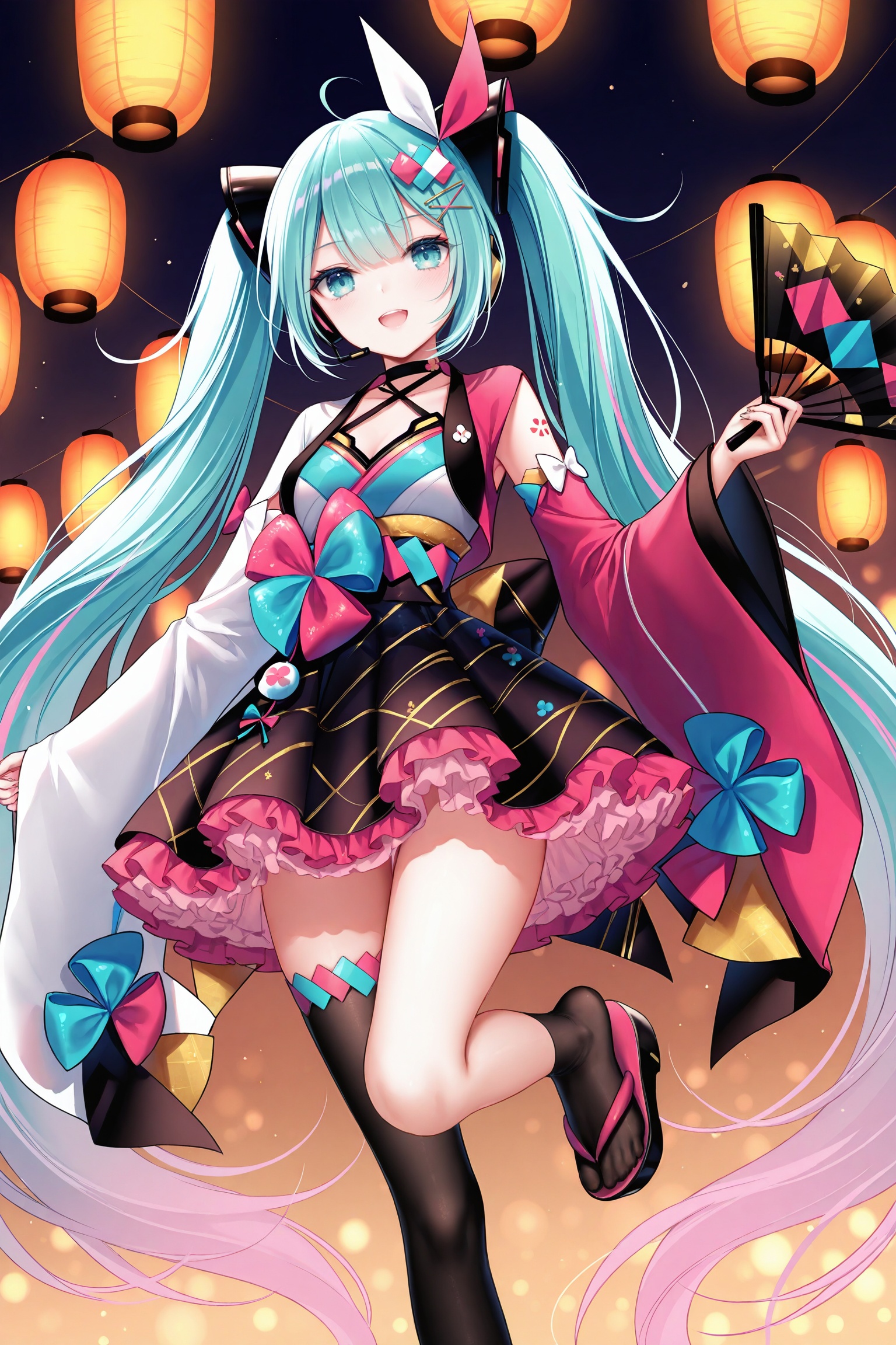 masterpiece,best quality,newest,absurdres,highres,soft shadows,photorealistic,(chen bin:0.5),(hiten \(hitenkei\):0.4),(rimuu:0.5),(mignon:0.5),(sheya:0.6),<lora:MMM2020summerXLNAI:1>,magical mirai miku \(2020 summer\),sandals,multicolored hair,hair ornament,japanese clothes,wide sleeves,hand fan,mismatched sleeves,white sleeves,pink sleeves,frilled skirt,black thighhighs,asymmetrical legwear,bare legs,foot focus,no shoes,standing,standing on one leg,foot focus,