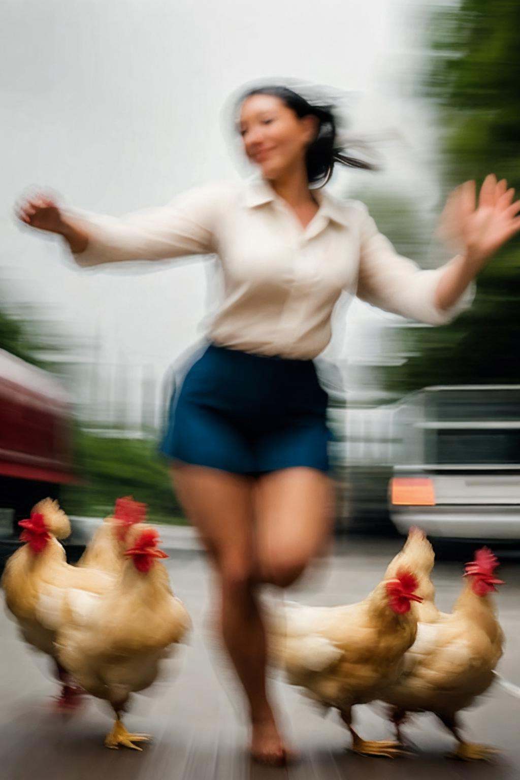 (((motion-blur, blurry soft-focus))), woman with a chicken, ❤‍🔥, dynamic pose