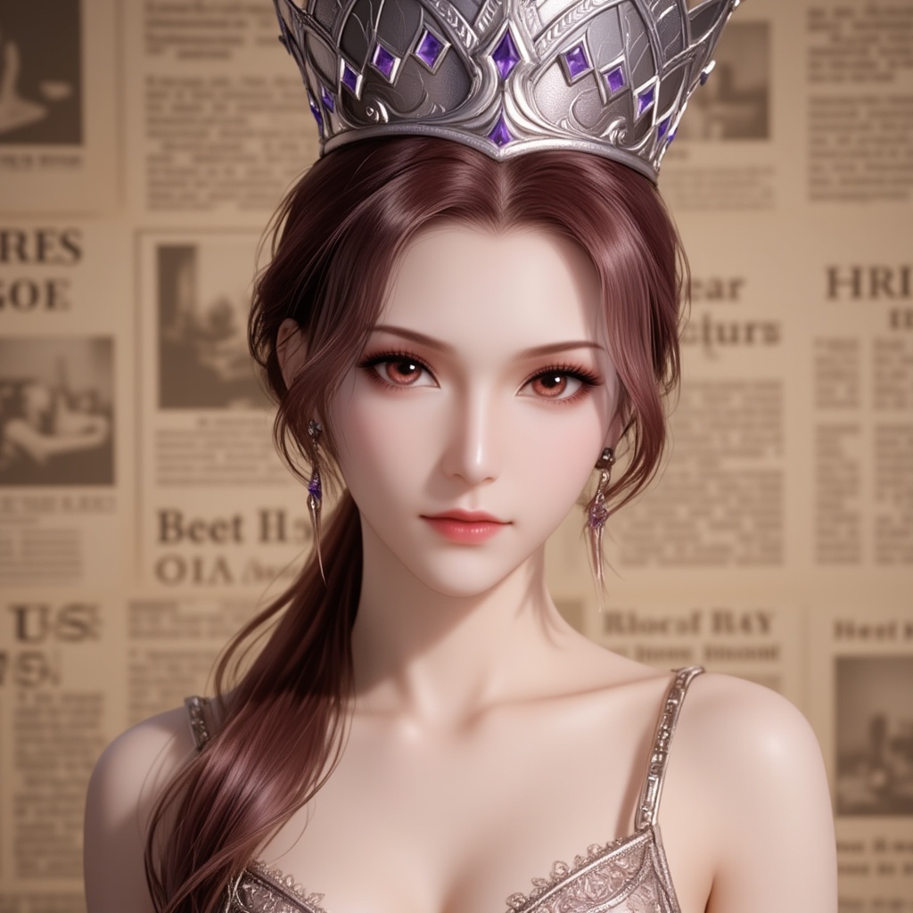 <lora:比比东·泛化版8:1.2>,bibidong,brown hair,brown eyes,pony-tail,low ponytail,looking at viewer,crown,jewelry,cover,gradient background,close-up details,outstanding style,adding a touch of dimension to your images without compromising details,close-up,<lora:DJ滤镜_2.5D版:0.4>,lvjing,<lora:油画唯美滤镜15:0.2>,baoshi,<lora:报纸背景·5:0.4>,baozhi,paper,newspaper,the newspaper wall,newspaper background,