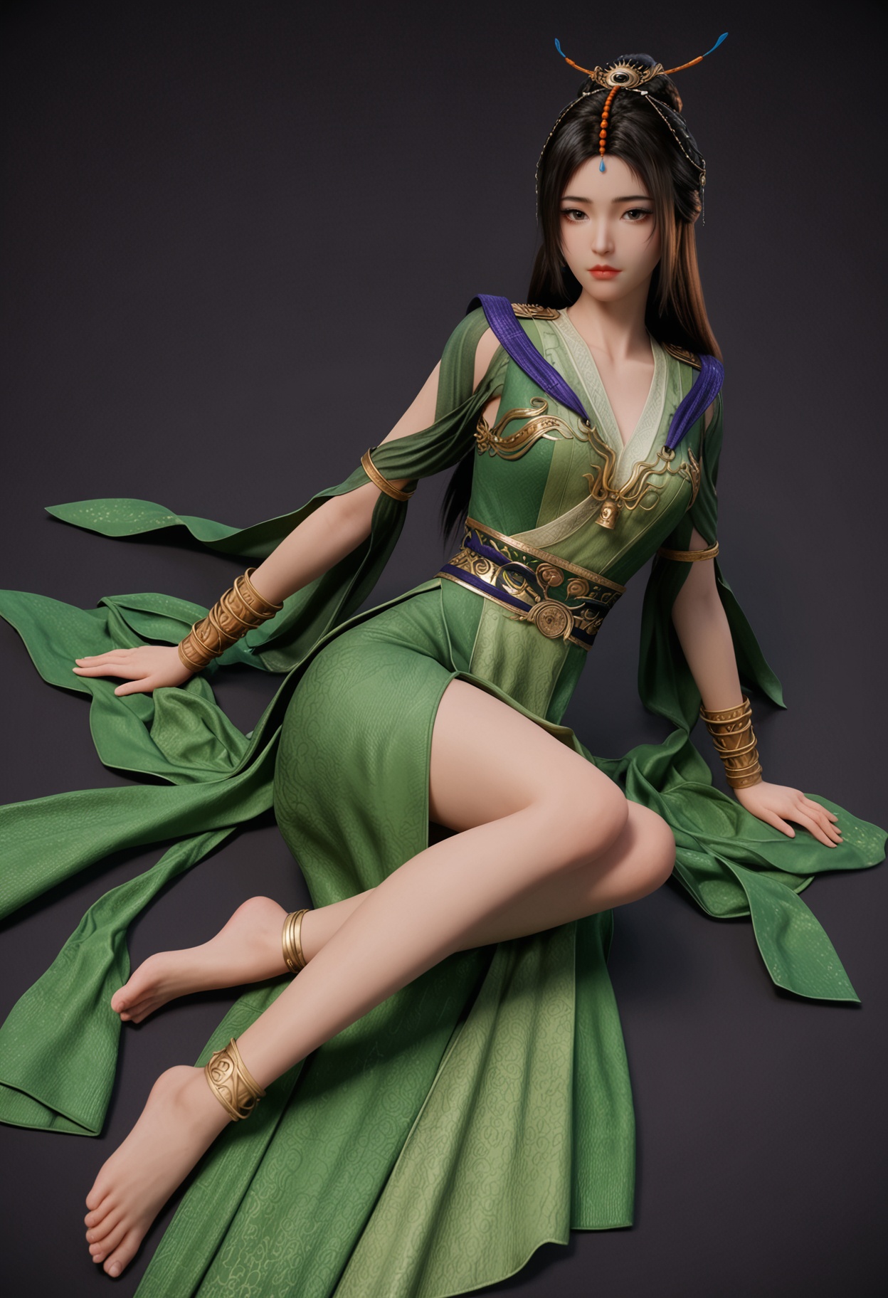 score_9,looking_at_viewer,(large breasts:0.8),liuyu,1girl,solo,black hair,hair ornament,long hair,green dress,realistic,dress,chinese clothes,closed mouth,jewelry,bracelet,sash,hair bun,brown eyes,clothing cutout,barefoot,(simple background,pure black background,black background:1.1),perfect_anatomy,<lora:QQSponyliuyuV1:0.8>,