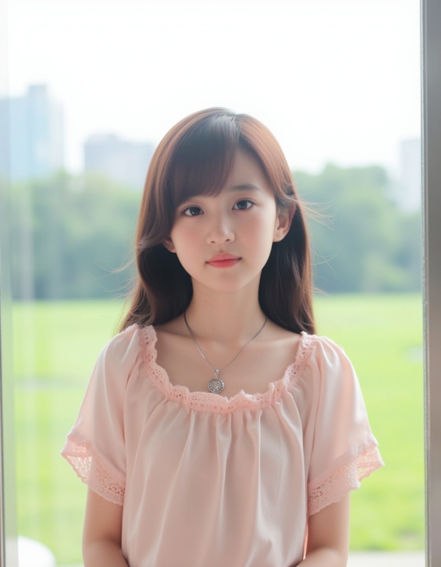 a young Asian girl stands in front of a window. She is dressed in a light pink,  short-sleeved blouse with a lace trim aro...