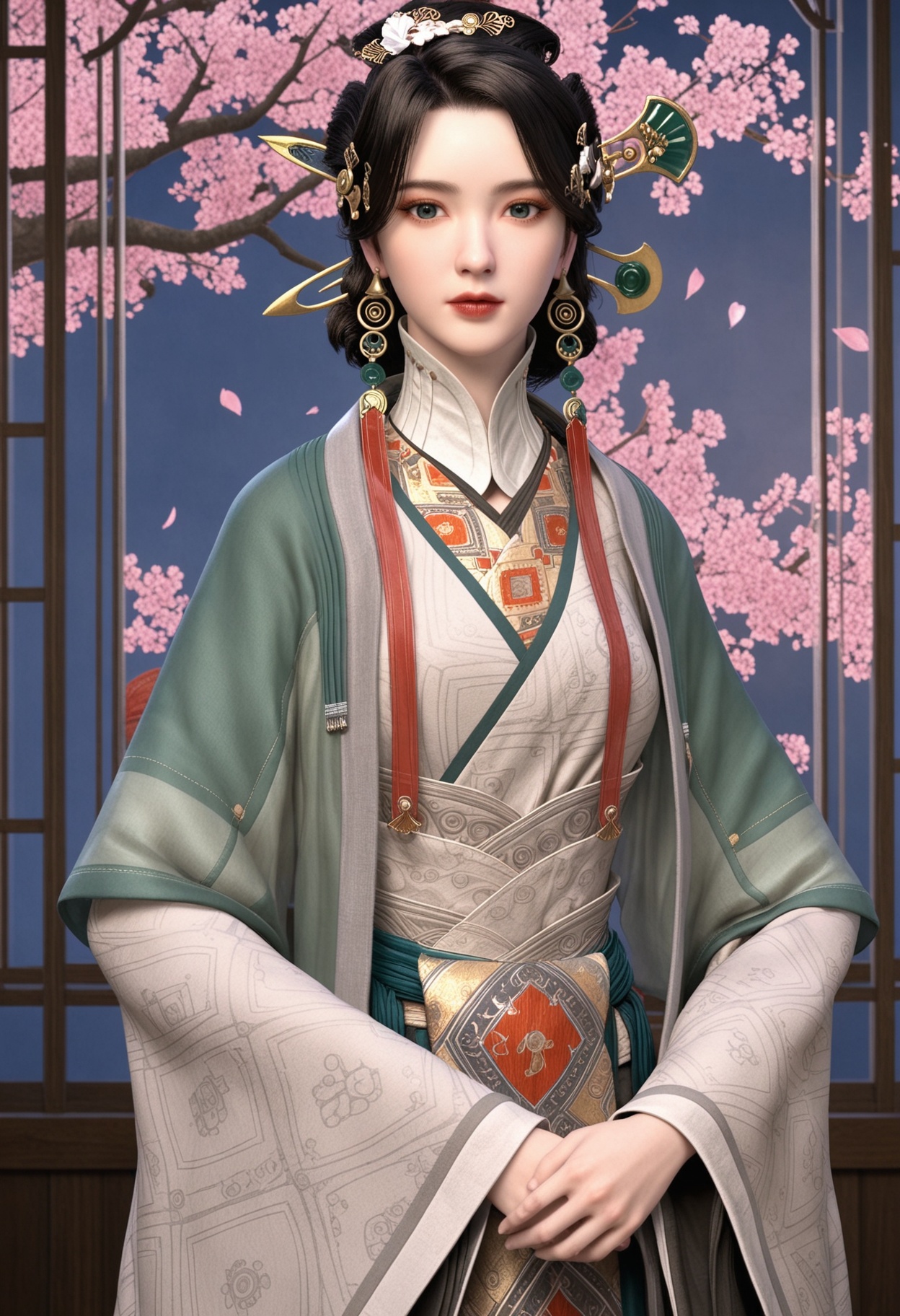 (cowboy shot:1.2),(looking at viewer:1.1),masterpiece,(best quality),smog,Dark room,dim lighting,peach blossom,falling petals,<lora:YQ_Illustrious光辉v5_须妍_V1:0.8>,q1528437228,1girl,solo,jewelry,hair ornament,earrings,chinese clothes,black hair,hanfu,brown hair,long sleeves,wide sleeves,hair stick,green eyes,updo,hair bun,tassel,blue eyes,black eyes,brown eyes,necklace,hair flower,