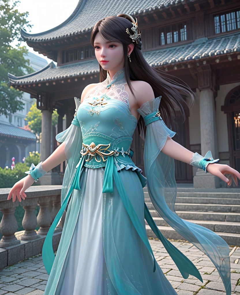 (oriental architecture, elegant decor, sophisticated style:1.1),(Balancing on one foot with arms extended to the side:1.1),(breasts:1.2),<lora:XL斗破苍穹箫薰儿绿衣:0.95>,miss xuner,aqua dress,see-through fart curtain with white petticoat underneath,brown eyes,black hair,long hair,sash,hair ornament,detached see-through sleeves,earrings,jewelry,bare shoulders,wrist cuffs,, score_9,score_8_up,score_7_up,score_6_up,score_5_up,score_4_up,3d rendering,tag1,tag2, Cinematic Lighting,backlighting,