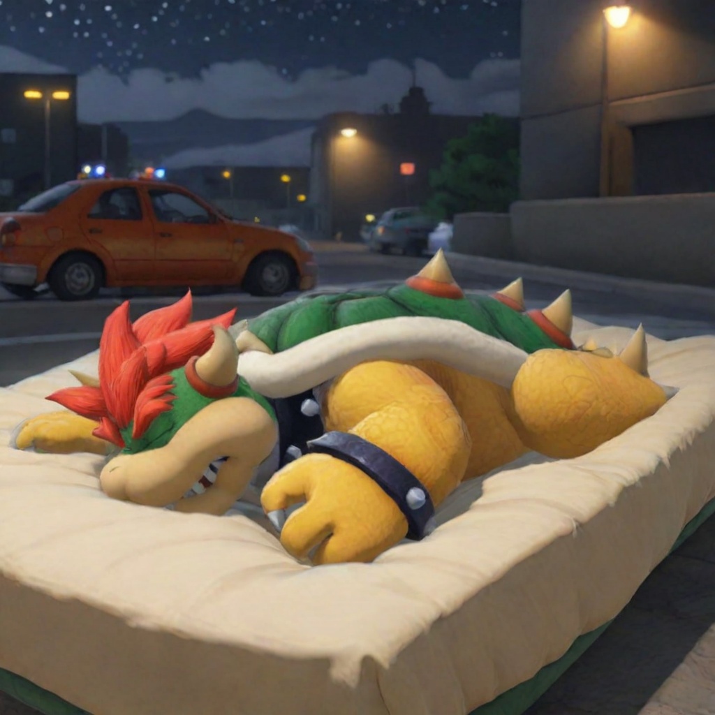 Bowser sleeping on bed,  cars passing by. Anime style on Tensor.Art