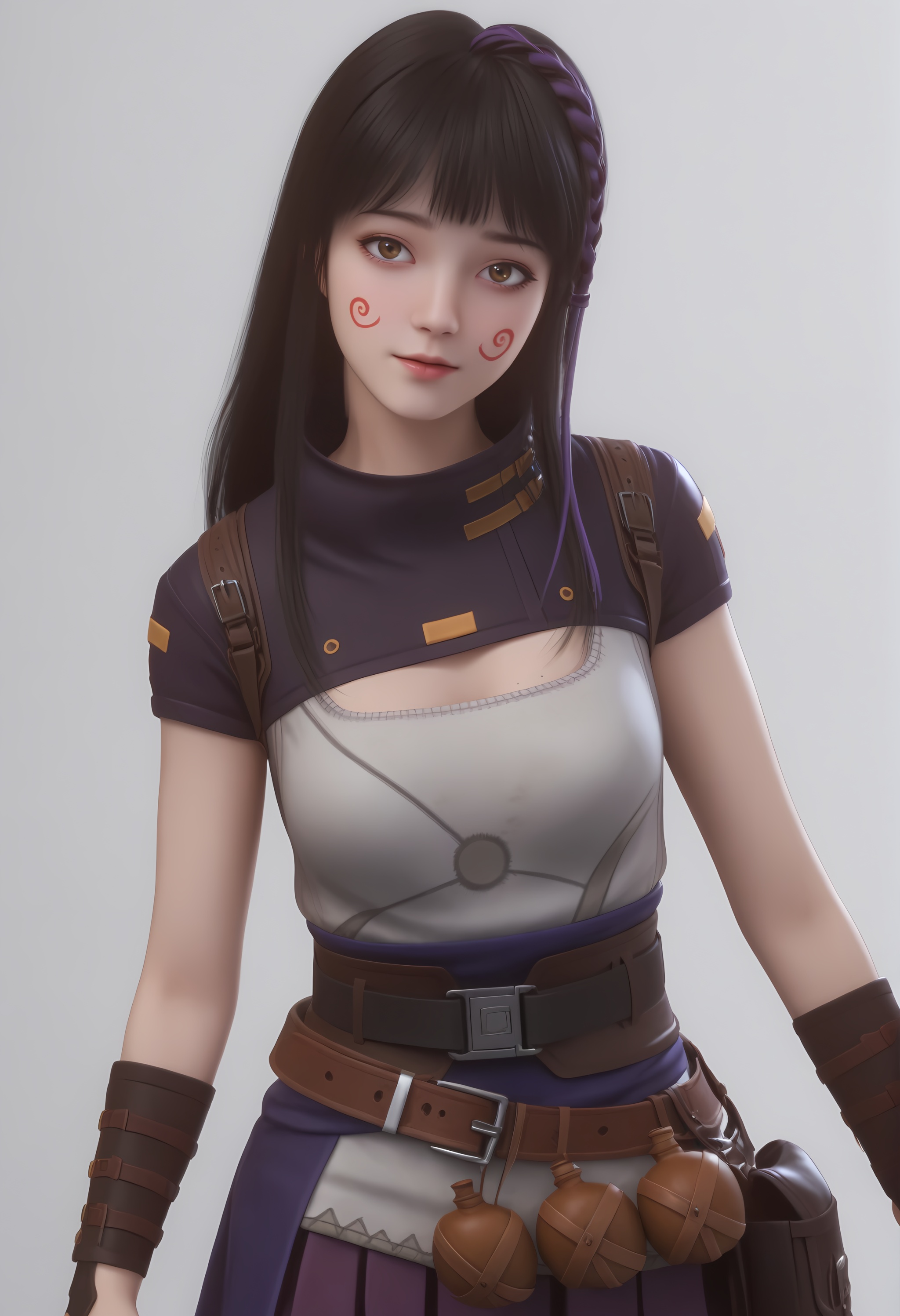 (score_9),vivid colours,Expressiveh,ambient occlusion,((Subsurface Scattering)),light blush,body_blush,<lora:夏豆-Apony-000009:0.85>,xiadou,1girl,solo,facepaint,long hair,black hair,braid,purple braid,popped collar,sleeveless topwear,belt,bracer,calabash kettle,pleated skirt,pouch,looking at viewer,front view,<lora:perfect-eyes:0.83>,brown eyes,pupils,bright_pupils,iris,black sclera,<lora:a修手:0.3>,*****,mature,(mature_female:1.3),glamor,skinny,collarbone,puffy breasts,pointy_breasts,large breasts,simple background,white background,OverallDetail,fair_skin,(white_skin),(Ivory_skin),<lora:e色温:1>,<lora:e肤色滑块:1>,<lora:Expressive_H:1>,<lora:SkinRealityOrg_ponyv6_loraplus:0.25>,real skin,
