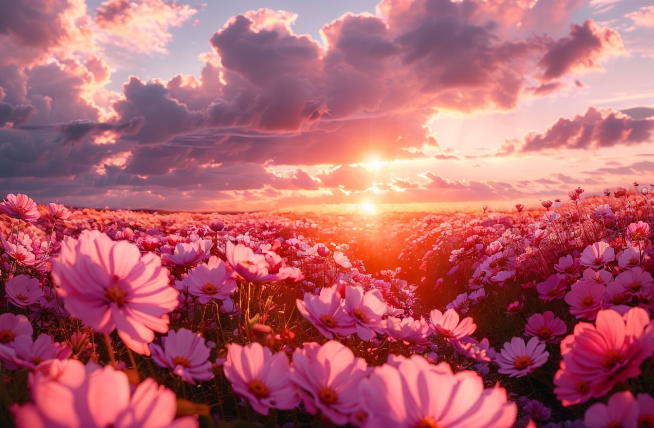 Flower sea,masterpiece,charming visual effects,dreamy world,depth of field,still life,Realistic,flower,outdoors,sky,cloud,no humans,ocean,sunlight,cloudy sky,scenery,sunset,sun,horizon,field,flower field,