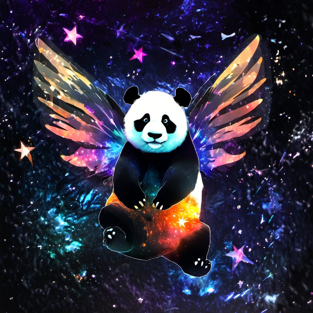 <lora:star_xl_v1:1>,The image showcases a vividly colored panda with wings that appear to be made of a translucent material,revealing a cosmic scene within. The wings are predominantly blue with hints of pink and orange,reminiscent of a galaxy or nebula. The background is dark,possibly representing a night sky or a rocky surface,and is adorned with sparkling stars and a bright shooting star. The panda body is black,contrasting sharply with the vibrant wings.,image,panda,wings,translucent material,cosmic scene,galaxy or nebula,dark background,sparkling stars,bright shooting star,