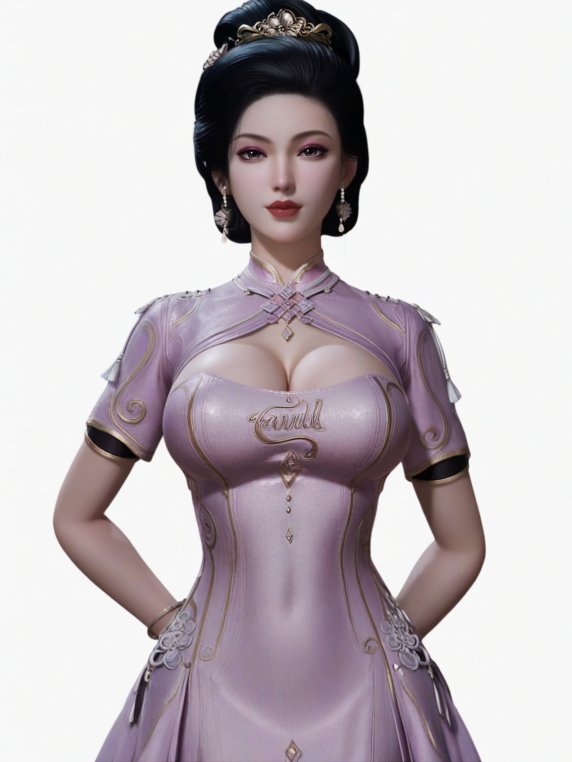 score_9,<lora:SF_NanShuiShui_Pony_Realism2.3-000003:0.7>,hair ornament,black hair,dress,eyeshadow,1girl,breasts,large breasts,dress,short sleeves,lipstick,solo,looking at viewer,white background,simple background,
