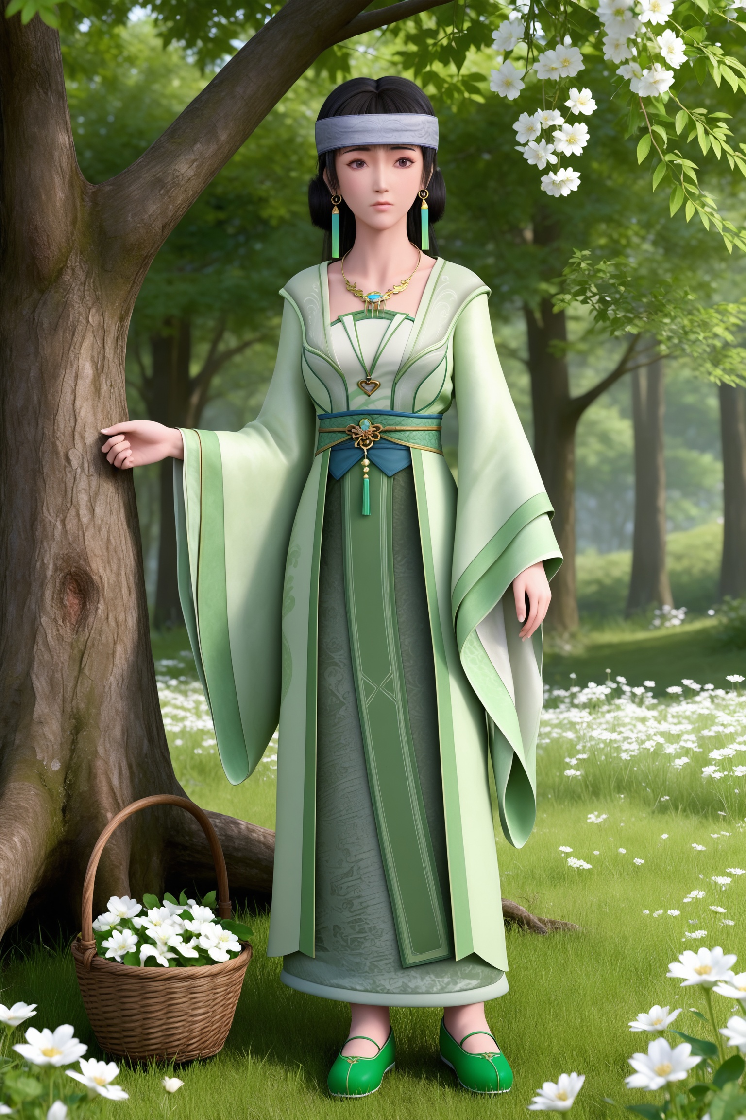 <lora:不死不灭-主角娘Pony:0.7>,1girl,black hair,headband,necklace,earrings,chinese clothes,green dress,sash,long sleeves,wide sleeves,long legs,shoes,, huge filesize,wallpaper,incredibly absurdres,absurdres,highres,masterpiece,best quality,1 girl,very beautiful,wears hanfu white with purple,standing under the peach trees,which have blossomed.she holds a basket with some white flowers in it,looking at the viewers.Under the peach trees is the green grass,round face,fair_skin,medium breasts,