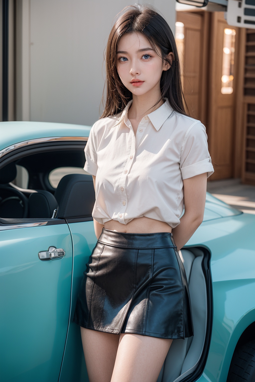 A beautiful Chinese Girl is driving a racing car,wearing a white shirt with a Black short leather skirt,arms_behind_back,<lora:facedetail:1.2>,masterpiece,best quality,(masterpiece, best quality:1.2),illustration,absurdres,realistic,sense of reality,dreamy glow,high resolution,intricate details,ultra-detailed,details,high contrast,beautiful detailed glow,extremely detailed,C4D,3D,bright,More details,fine luminescence,very fine 8K CG wallpaper,depth of field,chromatic aberration abuse,pastel color,Depth of field,very delicate light,ultra detailed,glary,Light,light particles,reflect,eye highlights,watery eyes,((beautiful eyes)),perfect and delicate limbs,<lora:faceoil:1.2>,