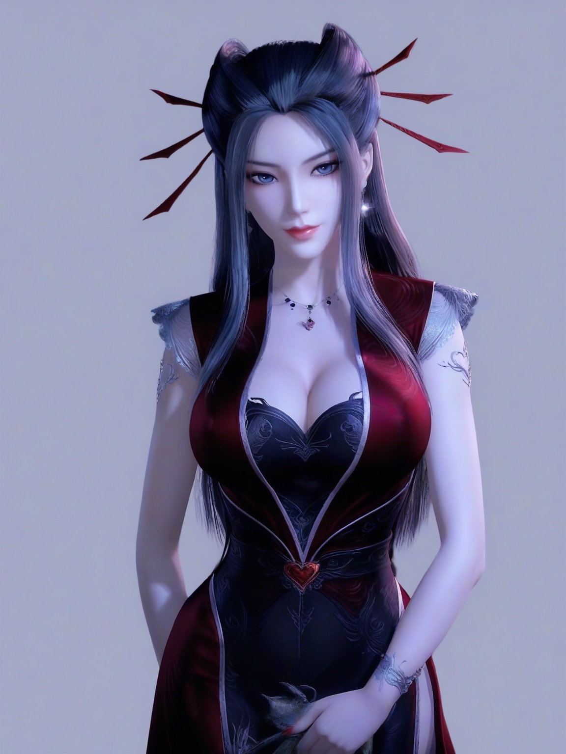 score_9,1girl,solo,dress,long hair,standing,earrings,hair ornament, eyelashes, large breasts, standing,lipstick,cowboy shot, looking at viewer,simple background,<lora:SF_YanLingJiRedClothes_Pony_Realism2.3-000004:0.7>,