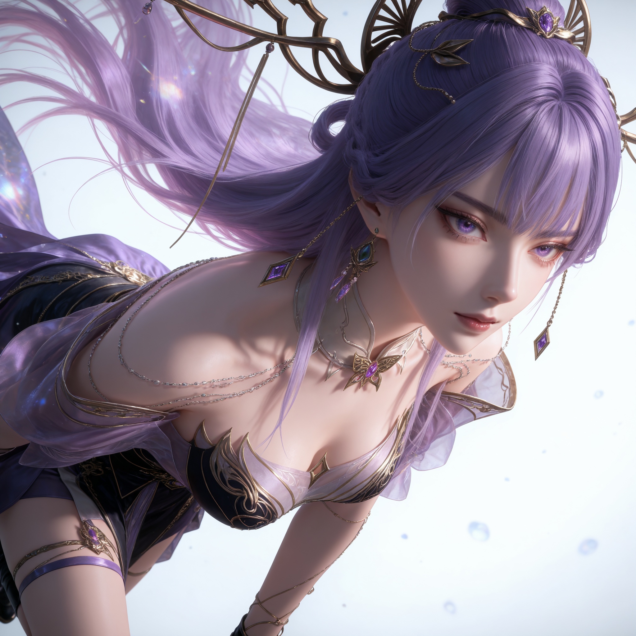 Nai3 style,realistic style photo,outstanding style,Use soft lighting to cast gentle shadows on the subject,adding a touch of dimension to your images without compromising details,whirls of vapor,(Anime:1.1),soft neon light,ethereal ambiance,delicate details,magical atmosphere,concept art,highly detailed,ultra-high resolution,32K UHD,sharp focus,best-quality,masterpiece,golden hour,unconventional supreme masterpiece,masterful details,temperate atmosphere,with a high-end texture,in the style of fashion photography,magazine style,Dynamic Angle,Dynamic posture,magazine style,Dynamic Angle,Dynamic posture,(cowboy_shot:1.2),eye trail,depth of field,cinematic lighting,lens flare,(artist:quasarcake:0.8),close-up,(artist:quasarcake:0.8),extreme aesthetic,(wlop:0.6),(honjou raita,lack,rella,wanke:0.5),masterpiece,best quality,good quality,newest,year 2025,very aesthetic,absurdres,Visual impact,A shot with tension,ultra-high resolution,32K UHD,sharp focus,best-quality,masterpiece,Emotionalization,unconventional supreme masterpiece,masterful details,temperate atmosphere,with a high-end texture,in the style of fashion photography,(Visual impact:1.2),giving the poster a dynamic and visually striking appearance,<lora:百炼成神3-天穹IL:0.8>,1girl,long hair,hair ornament,purple hair,earrings,purple eyes,hair rings,hair ornament,necklace,bare shoulders,purple dress,black dress,thigh strap,boots,, realistic style,white background,upper body,looking at viewer,dynamic posture,