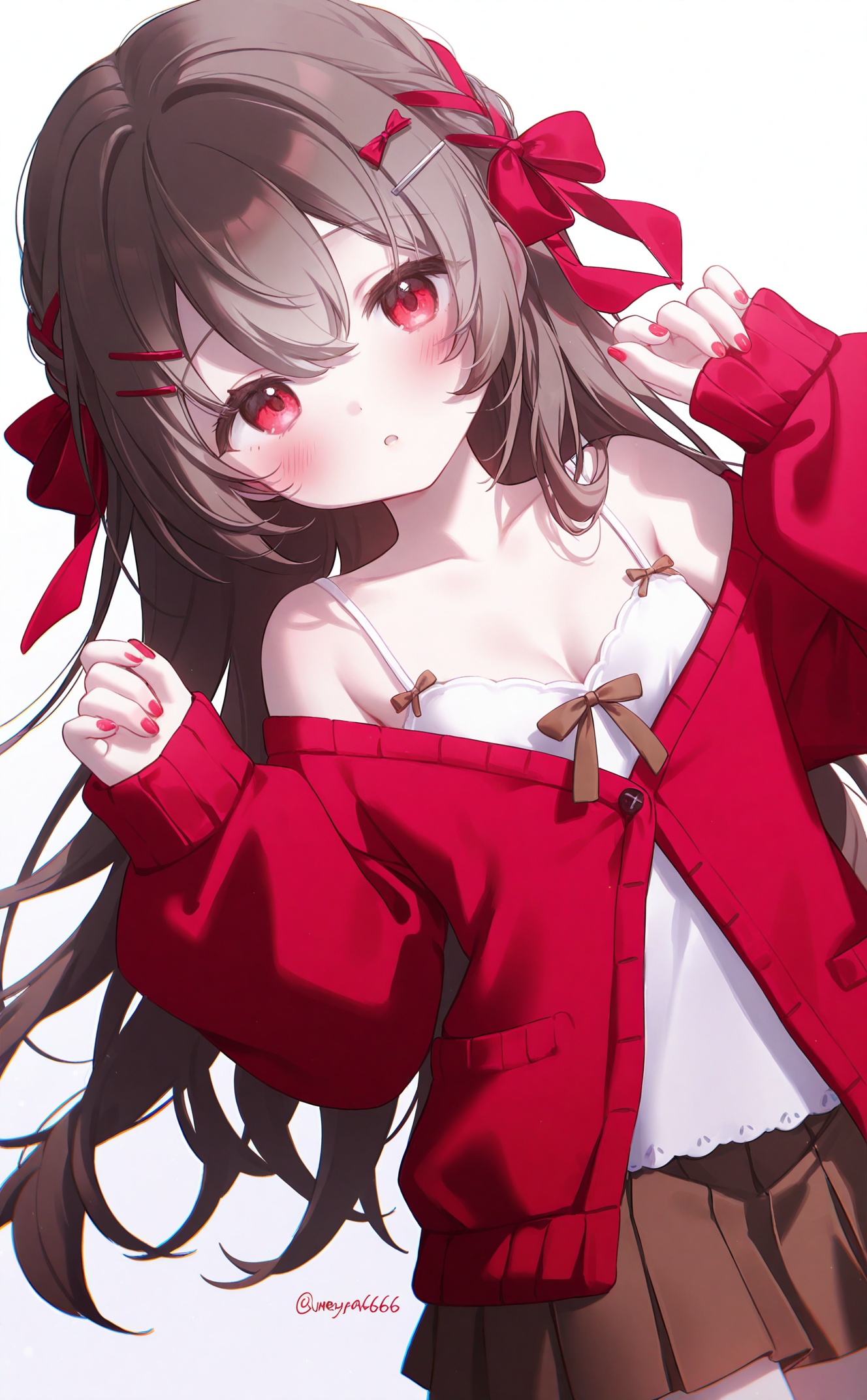 masterpiece,very aware,highres,absurdres,newest,best quality,loli,petite,high quality,chromatic_aberration,cinematic_angle,dutch angle,night,//,umehara,konya666,//,,1girl,solo,simple background,sleeves past wrists,red nails,skirt,grey hair,hair ornament,blush,white background,looking at viewer,camisole,red sweater,pleated skirt,red cardigan,hairclip,hair ribbon,nail polish,bow,ribbon,long sleeves,off shoulder,red eyes,parted lips,long hair,breasts,red ribbon,hands up,bare shoulders,cleavage,collarbone,sweater,spaghetti strap,braid,hair between eyes,red jacket,brown skirt,jacket,grey background,small breasts,puffy long sleeves,open clothes,artist name,sleeveless,puffy sleeves,:o,brown bow,brown hair,twitter username,cardigan,open mouth,hair bow,red bow,ribbon braid,