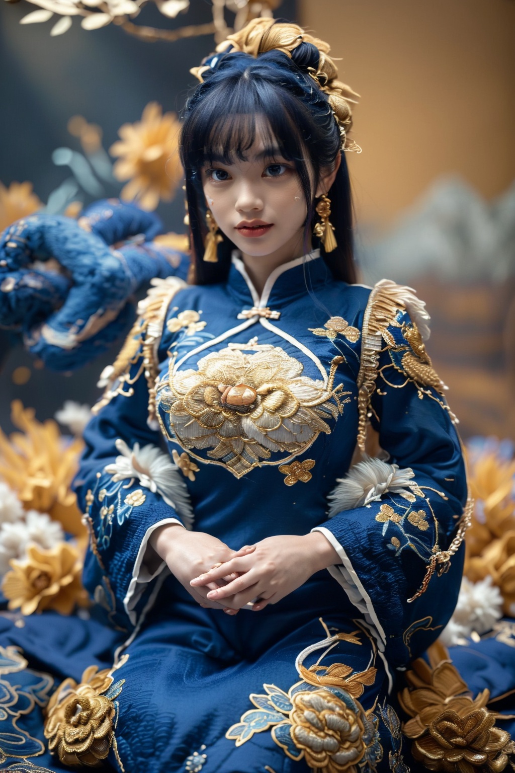 a blue and gold image of a Chinese Loong,realistic fine details,Chinese embroidery,:o,smile,a golden beard,holding hands in front of the chest,standing,full-size photograph,