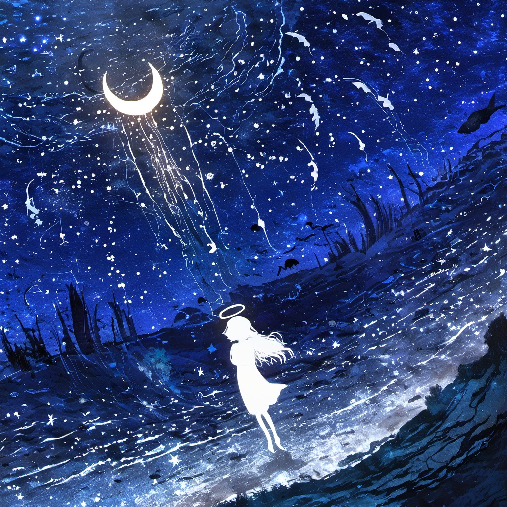 <lora:star_xl_v3:1>,silhouette painting, ethereal ambiance, 1girl, blue theme, solo, dress, standing, outdoors, sky, white dress, night, glowing, halo, moon, star \(sky\), night sky, scenery, starry sky, silhouette, crescent moon, pillar, long hair, floating, fantasy, a white silhouette of a female figure, a serene nighttime scene, a white silhouette of a girl standing on a rocky terrain who has a halo around her, the sky is filled with stars and a crescent moon in the top right corner and there are fish swimming in the vast expanse of the cosmos. the entire scene is bathed in a deep blue hue, a dreamy and otherworldly ambiance, serene nighttime scene, silhouette of a female figure, halo around her head, stars, rocky terrain, fish swimming, deep blue hue