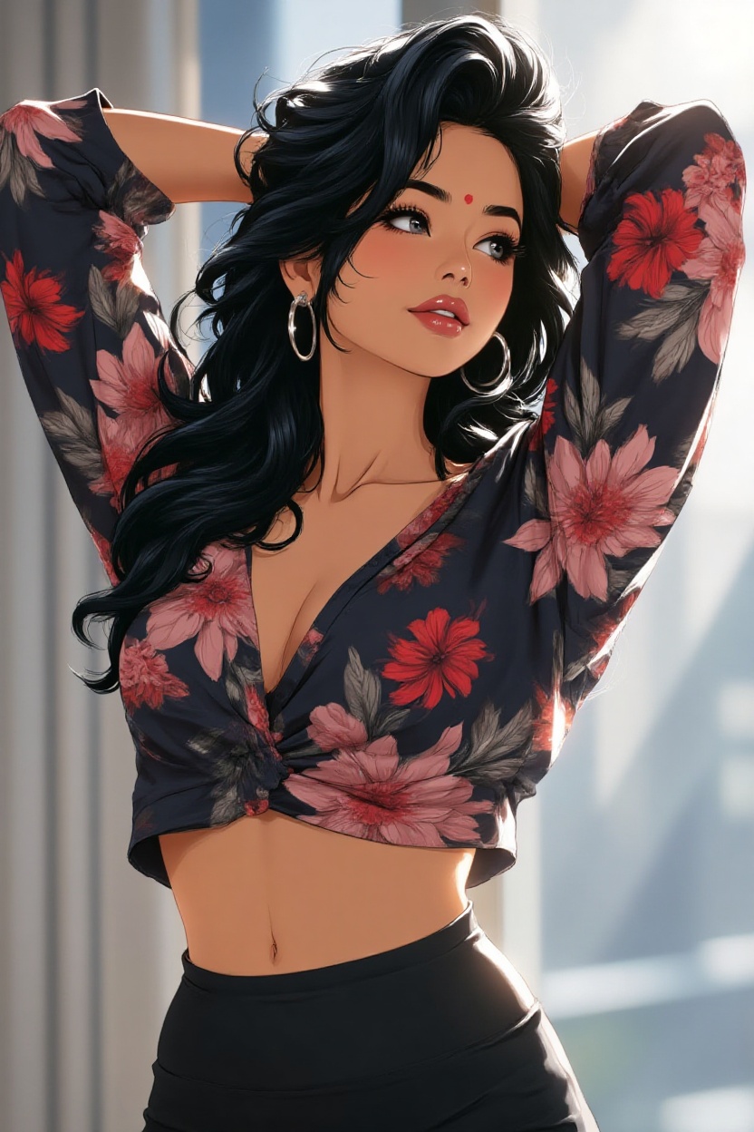 { "prompt": "A digital semi-realistic illustration of a woman with voluminous wavy black hair,  wearing a floral long-slee...