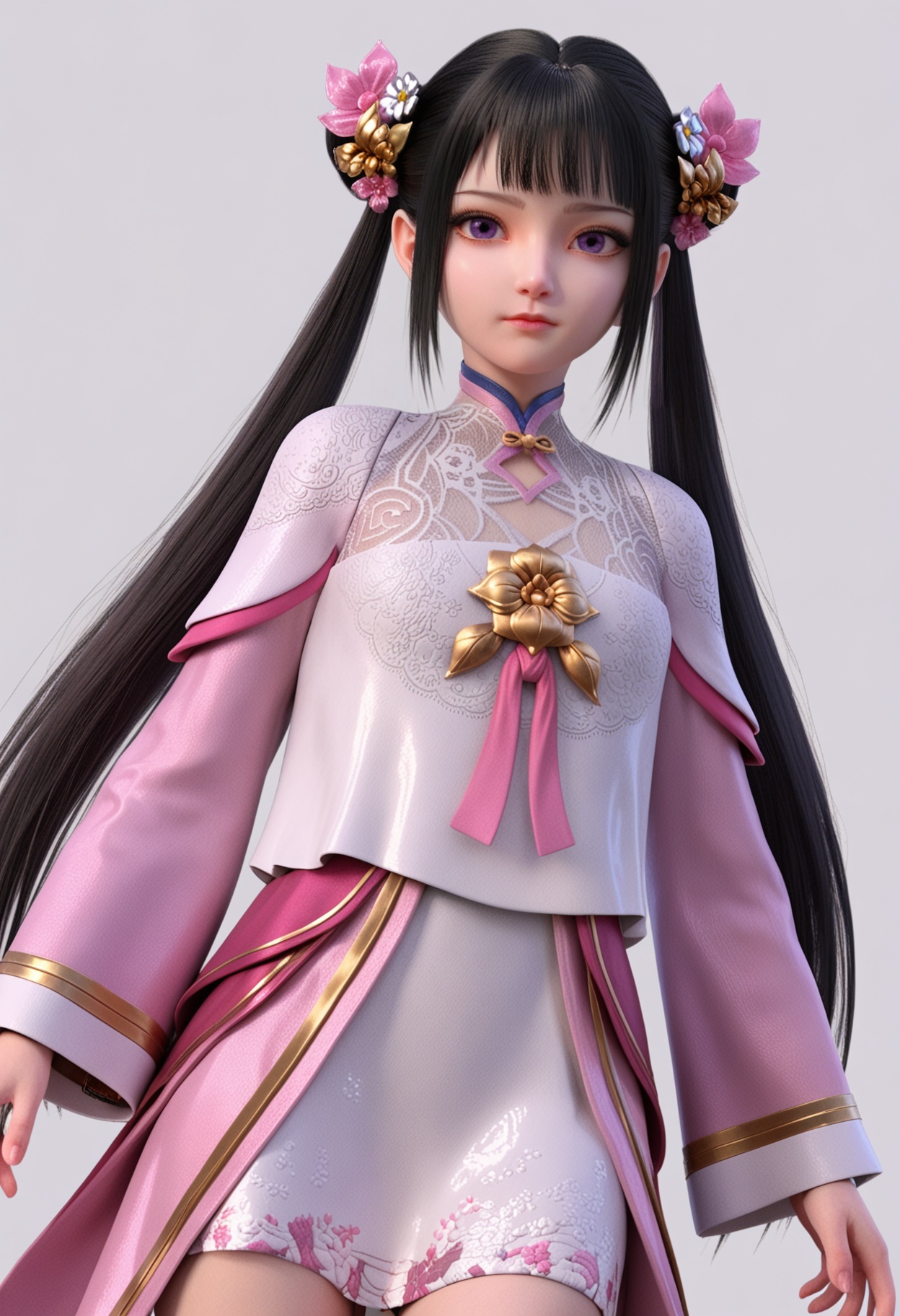 score_9,high detail,best quality,shiny skin,shiny,xiyan,1girl,solo,purple eyes,black hair,long hair,twintails,chinese clothes,hair ornament,white background,dress,flower,realistic,double bun,long sleeves,simple background,closed mouth,blunt bangs,sidelocks,pink dress,looking at viewer,thighs,<lora:QQSponyxiyanV1:0.8>,<lora:Pony_DetailV2.0:0.8>,<lora:皮肤凹痕:0.1>,