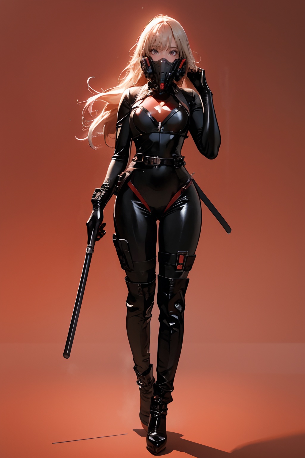 <lora:GoodHands-手beta2:1>,solo,1girl,cityscape,standing,outdoors,red background,<lora:0406 Resident Evil Gelcoat_v1:0.9>,ruanyi0406,black bodysuit,respirator,full body,blonde hair,very long hair,, best quality,masterpiece,highres,official art,extremely detailed cg unity 8k wallpaper