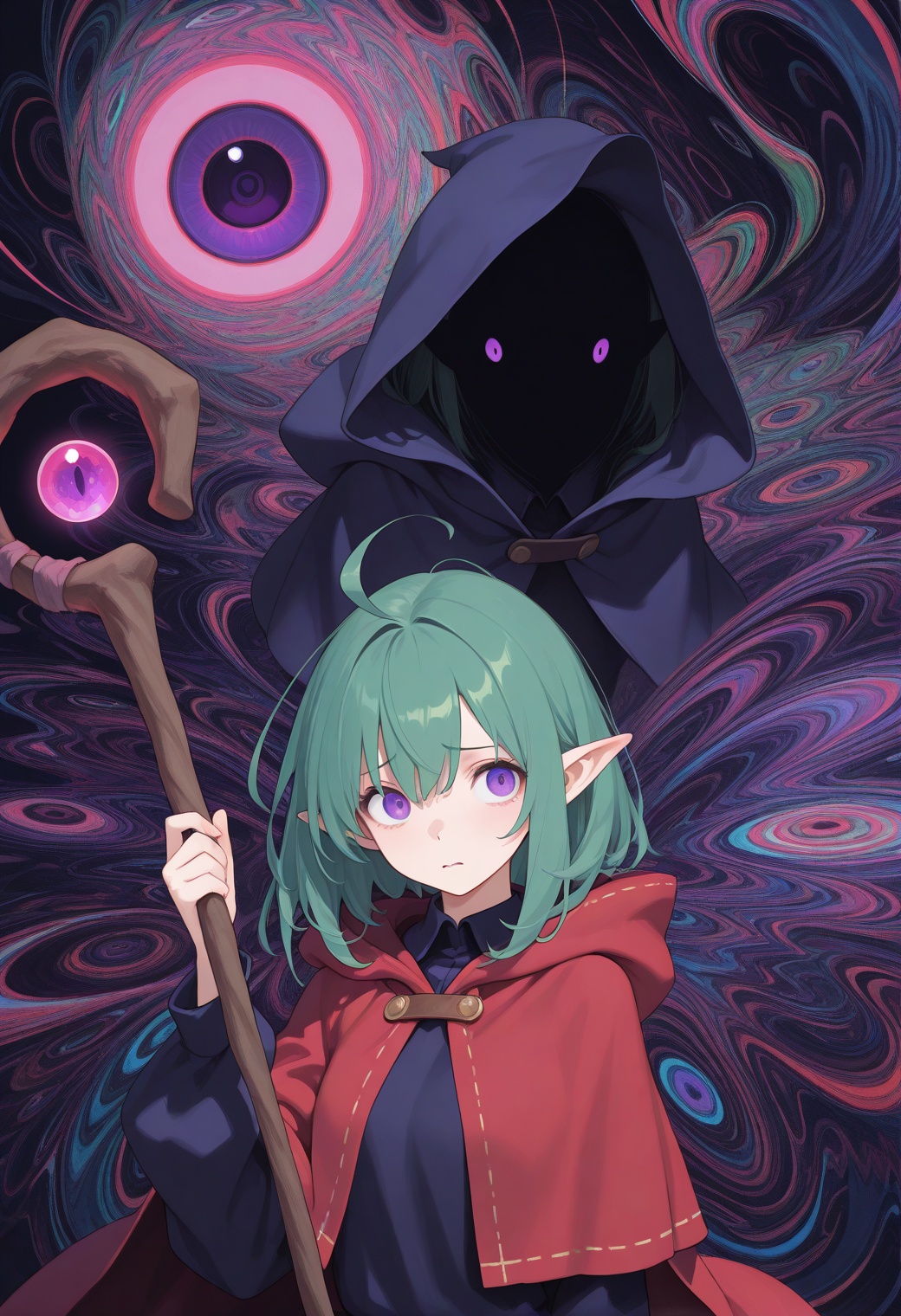 masterpiece,best quality,1girl,(abstract:1.25),(mage:1.1),(false:1.15),(mage:1.1),(pointy ears:0.9927),(purple eyes:1.0879),(mage staff:0.7507),(scared:0.7835),(ahoge:1.0074),(green hair:0.7581),(monster:1.0921),(hooded cloak:1.1347),(pink pupil:0.8587),(capelet:1.1899),(cloak:0.9765),