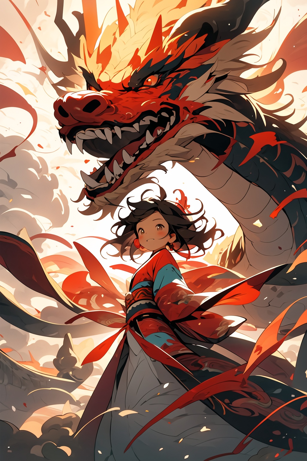 An illustrator made an illustration of a Chinese dragon and girl by magic, a Chinese girl is made of dragon and cloud, in a warm palette, two-dimensional game art style. Deep bronze and red, dynamic action, colorful brushstrokes In the vibrant and action scenes, I can't believe how beautiful it is, 2d game art, multi-layered vibrant comics,(Atmospheric),Macabre,Hellspawn,fire ,flames,fiery