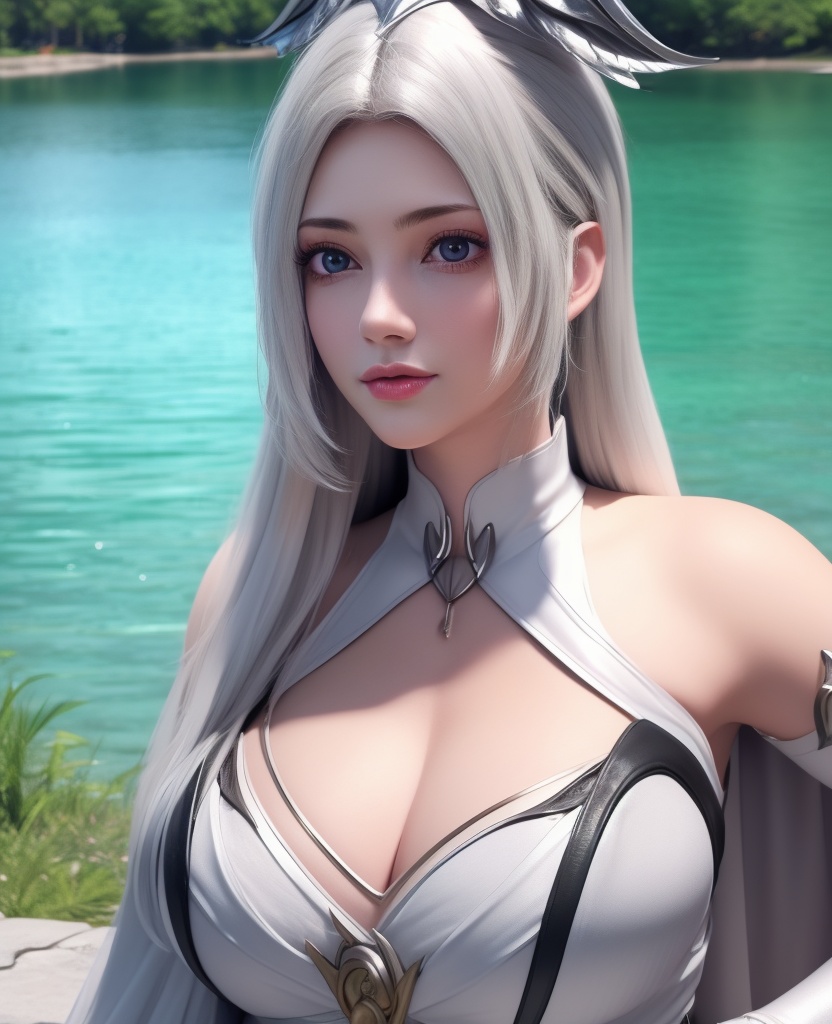 <lora:584-DA-星辰变-白灵:0.8>(,1girl, ,best quality, ),looking at viewer,  ,ultra detailed 8k cg, ultra detailed background,  ,masterpiece, (( , )) , lake,upper body,   (cleavage), (),