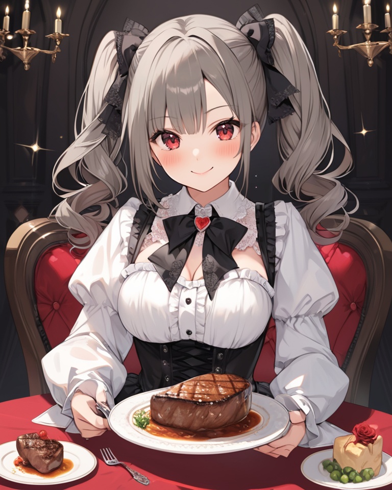 (best quality), ((masterpiece)), (highres), illustration, original, extremely detailed . <lora:日式动漫人设GIRL版XL:0.7>ooo,kanzaki ranko, 1girl, fork, solo, grey hair, smile, red eyes, holding fork, brooch, knife, plate, twintails, holding, food, corset, blush, drill hair, long sleeves, breasts, twin drills, looking at viewer, holding knife, sparkle, long hair, lolita fashion, underbust, steak, flower, puffy sleeves, medium breasts, gothic lolita, ascot, jewelry, bangs, closed mouth, bow, table, rose, hair bow, shirt, heart, white shirt, sitting, meat, dress