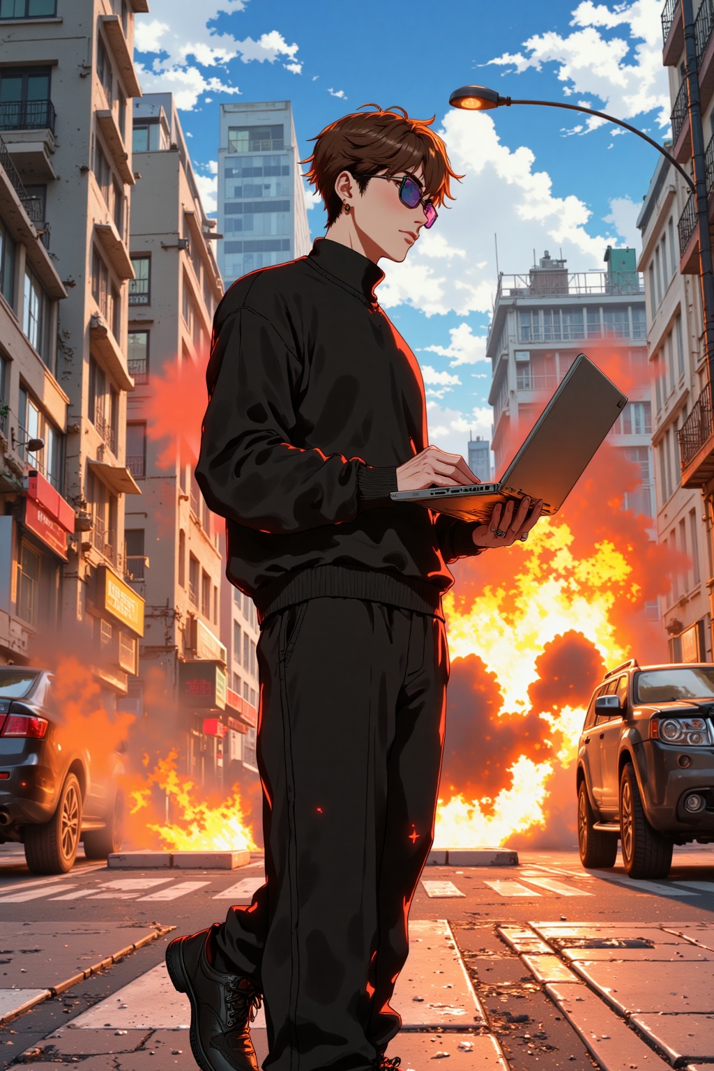 A handsome chinese guy,solo,computer,short hair,sunglasses,pants,standing,black shoes,fire,laptop,black pants,jewelry,black shirt,long sleeves,colored glasses,black sweater,ring,shoes,outdoor,full body,sky,turtleneck sweater,brown hair,sweater,earrings,smoke,explosion,urban landscape (urban landscape),