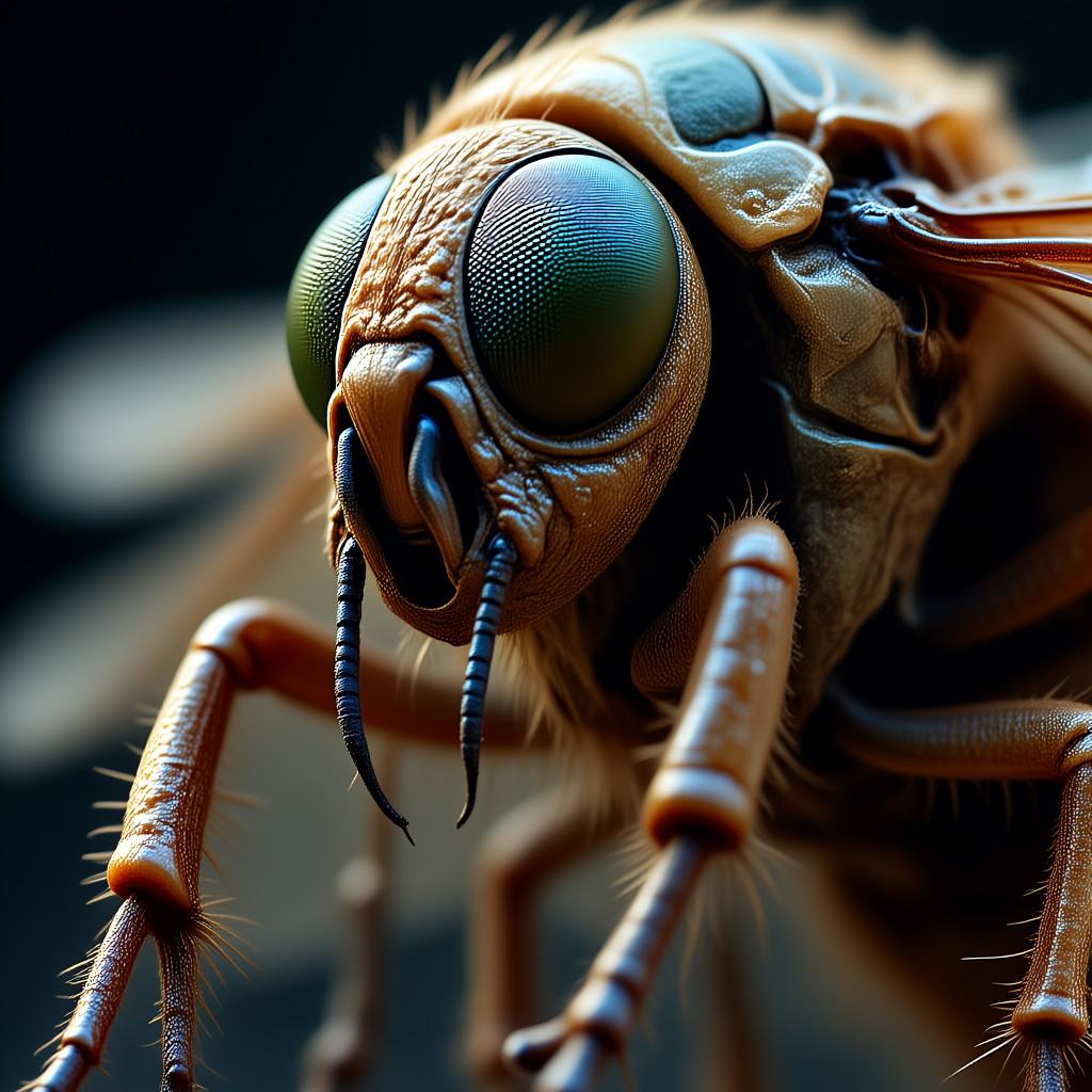 intricatedetails This is a highly detailed,  close-up photograph of a fly's head and front legs,  captured with macro phot...