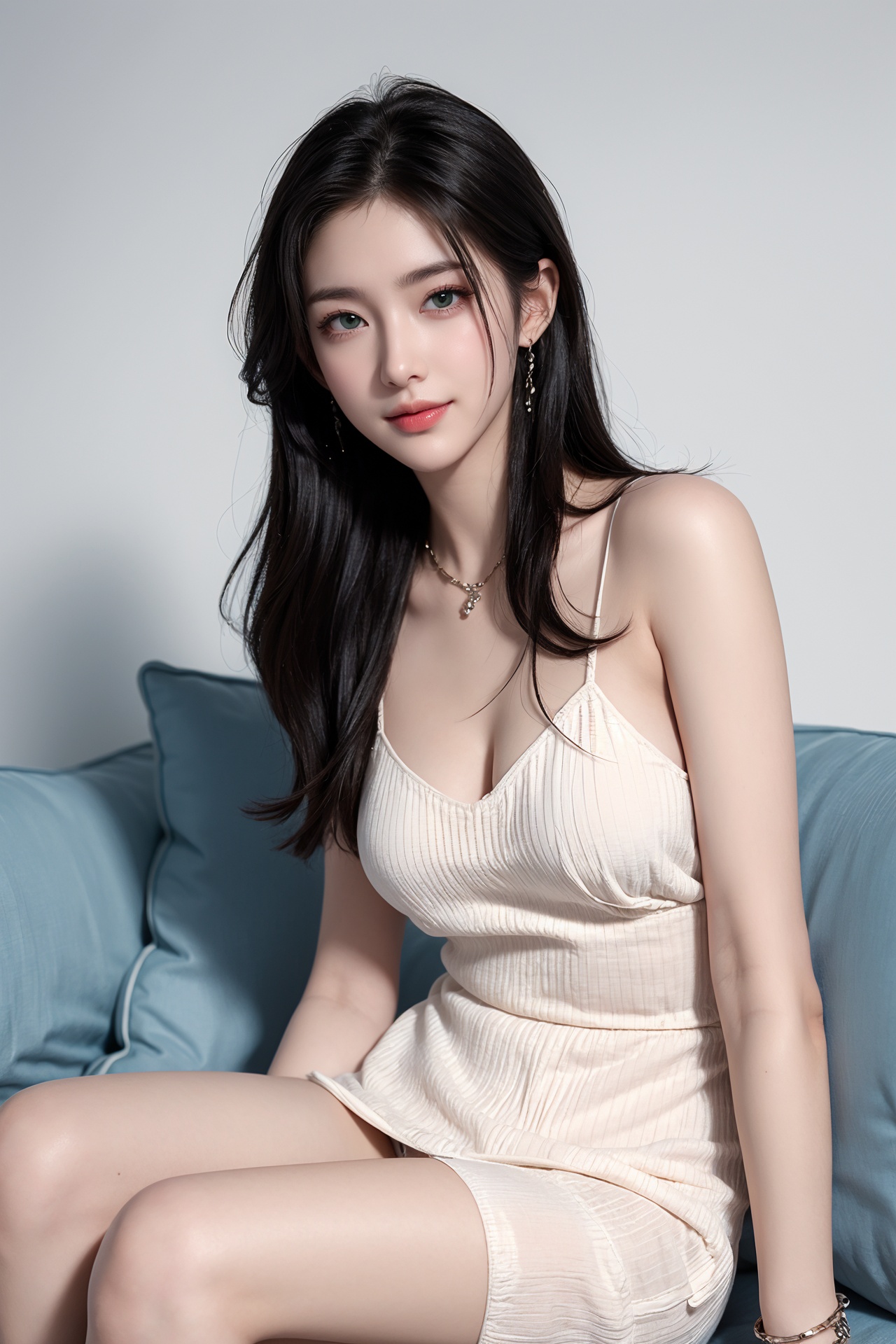 1girl, black hair, bracelet, dress, green eyes, lips, long hair, looking at viewer, pillow, realistic, sitting, smile, solo, watch, white dress, wristband, wristwatch <lora:美女:0.8>