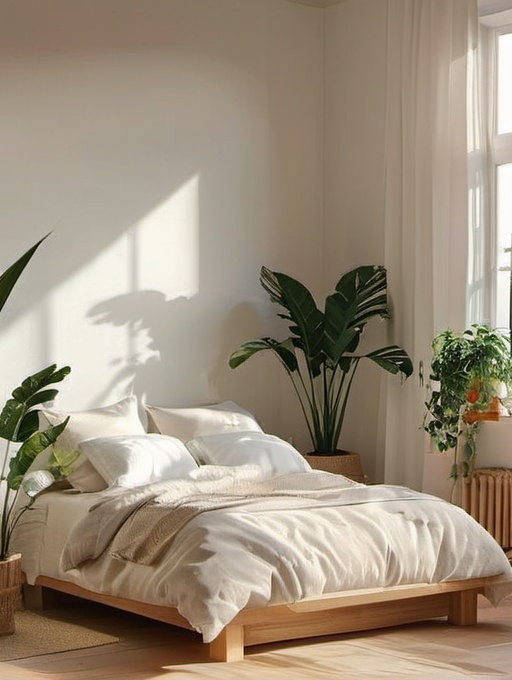 no humans,pillow,bed,plant,window,indoors,sunlight,wooden floor,curtains,shadow,lamp,bedroom,day,potted plant,JDWS 