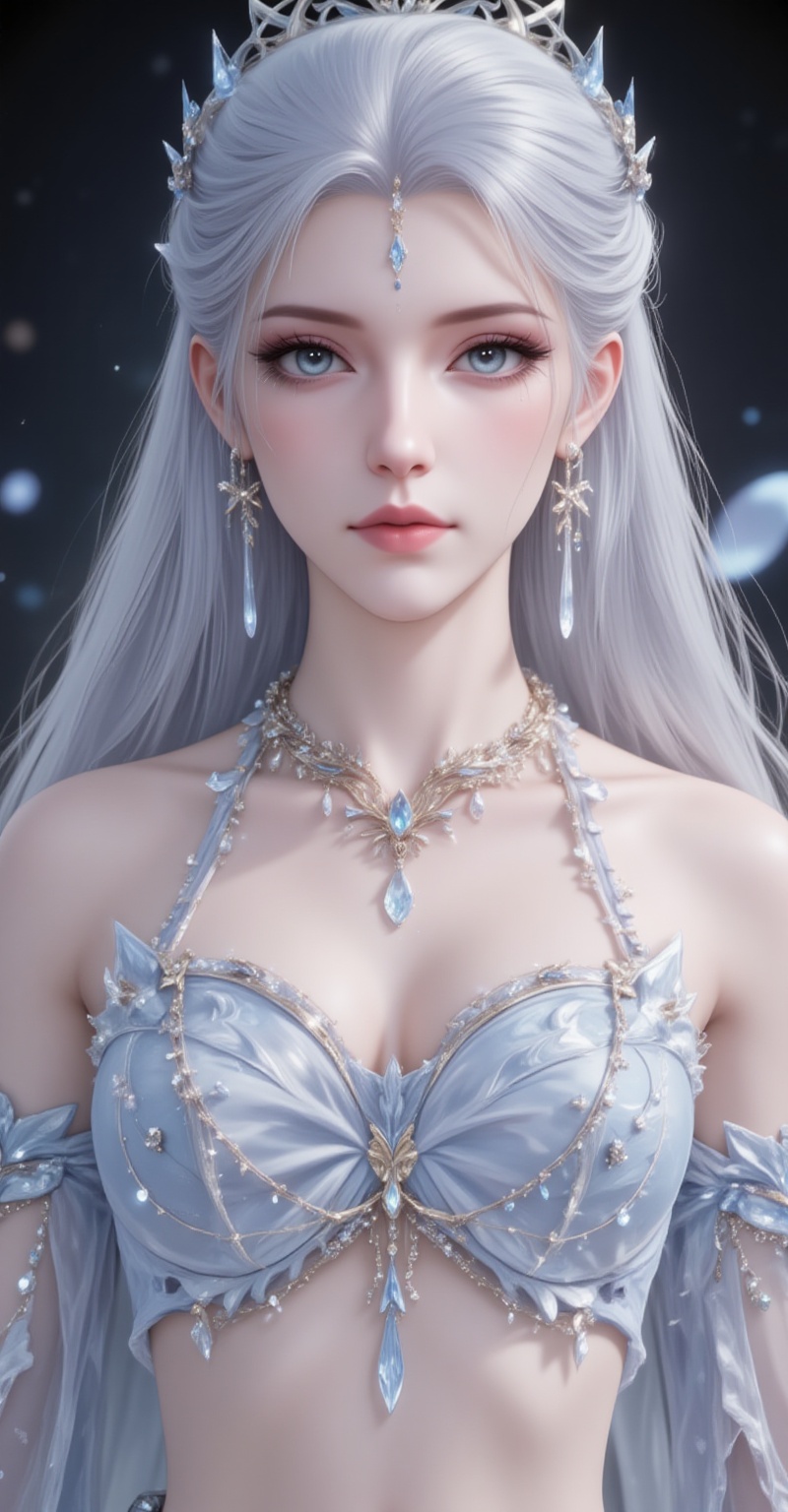 <lora:雪帝·衣服百搭款6:1.1>,xuedi,white hair,long hair,blue eyes,fair_skin,jewelry,earrings,headpiece,eyeshadow,light blue eye shadow,1girl,solo,jewelry,navel,necklace,bracelet,midriff,blurry background,breasts,bare shoulders,blurry,detached sleeves,cover,gradient background,close-up details,outstanding style,adding a touch of dimension to your images without compromising details,close-up,<lora:DJ滤镜_2.5D版:0.3>,lvjing,<lora:油画唯美滤镜15:0.2>,baoshi,<lora:蝴蝶汉服·人物百搭款6:1.1>,fuzhuang,