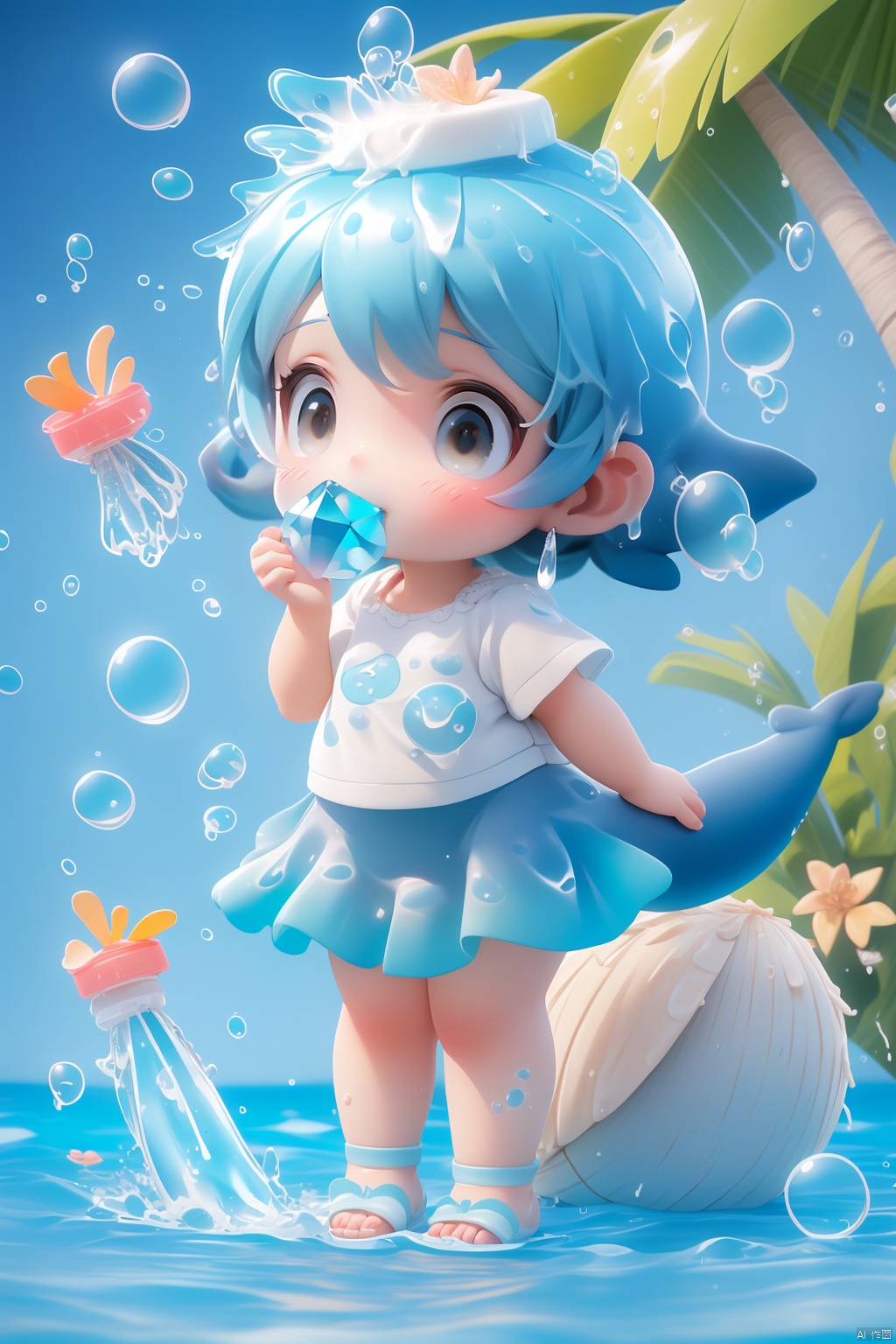 (masterpiece), (best quality), Exquisite visuals, high-definition, (ultra detailed), finely detail, Kawai, loveliness, standing, ((full body)), a slightly shy loli with short blue hair,anthropomorphic whale,a center cut, (child:1.2),whale clothing,blue skirt,(((spray water on the head, there is a water column on the head))),there are many colorful bubbles around,melting clothes, clothes made of water,whale tail,The environment is next to the beach, with coconut trees and many seashells on the beach,, ty-hd<lora:EMS-262746-EMS:0.500000>