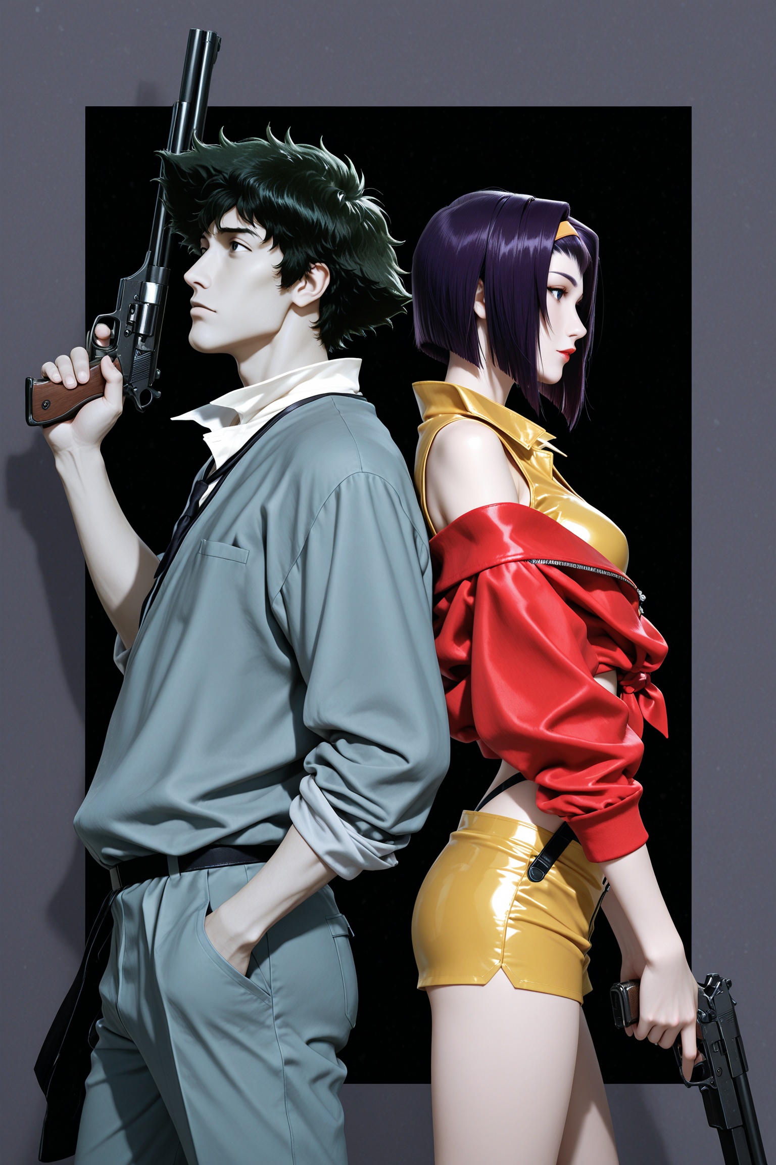 masterpiece,best quality,official art,concept art,black background with a minimalist design,lots of negative space,bright atmosphere,delicate anime-style illustration,Rough feeling,strong outlines,adventurous spirit,great part of the story,cowboy bebop,spike spiegel,two-tone background,vivid colors,minimalistic,solid color,no texture,outside border,cinematic angle,official art,official wallpaper,from side,hand in my pocket,faye valentine,back to back,holding gun,