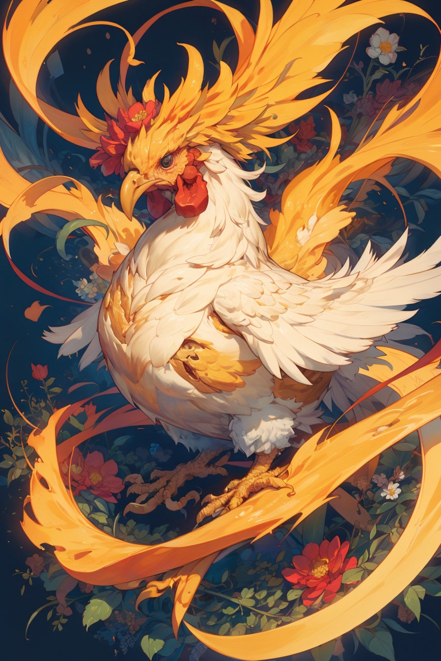 masterpiece,best quality,(chicken:1.1),<lora:wallpaper_20240229120023:0.6>,fire,smoke,no human,no humans,flower,