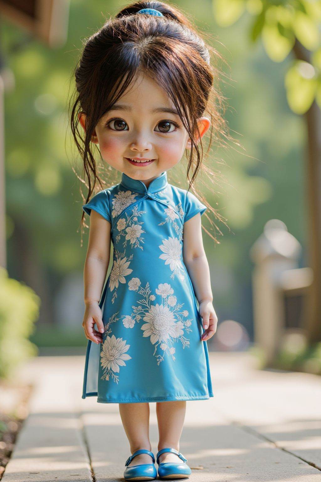 HDR photo of cinematic film still 1girl, solo, looking at viewer, smile, brown hair, dress, brown eyes, standing, full body, outdoors, blurry, blue dress, chinese clothes, floral print, child, china dress, blue footwear, realistic, female child, photo background, chibi, . shallow depth of field, vignette, highly detailed, high budget, bokeh, cinemascope, moody, epic, gorgeous, film grain, grainy . High dynamic range, vivid, rich details, clear shadows and highlights, realistic, intense, enhanced contrast, highly detailed