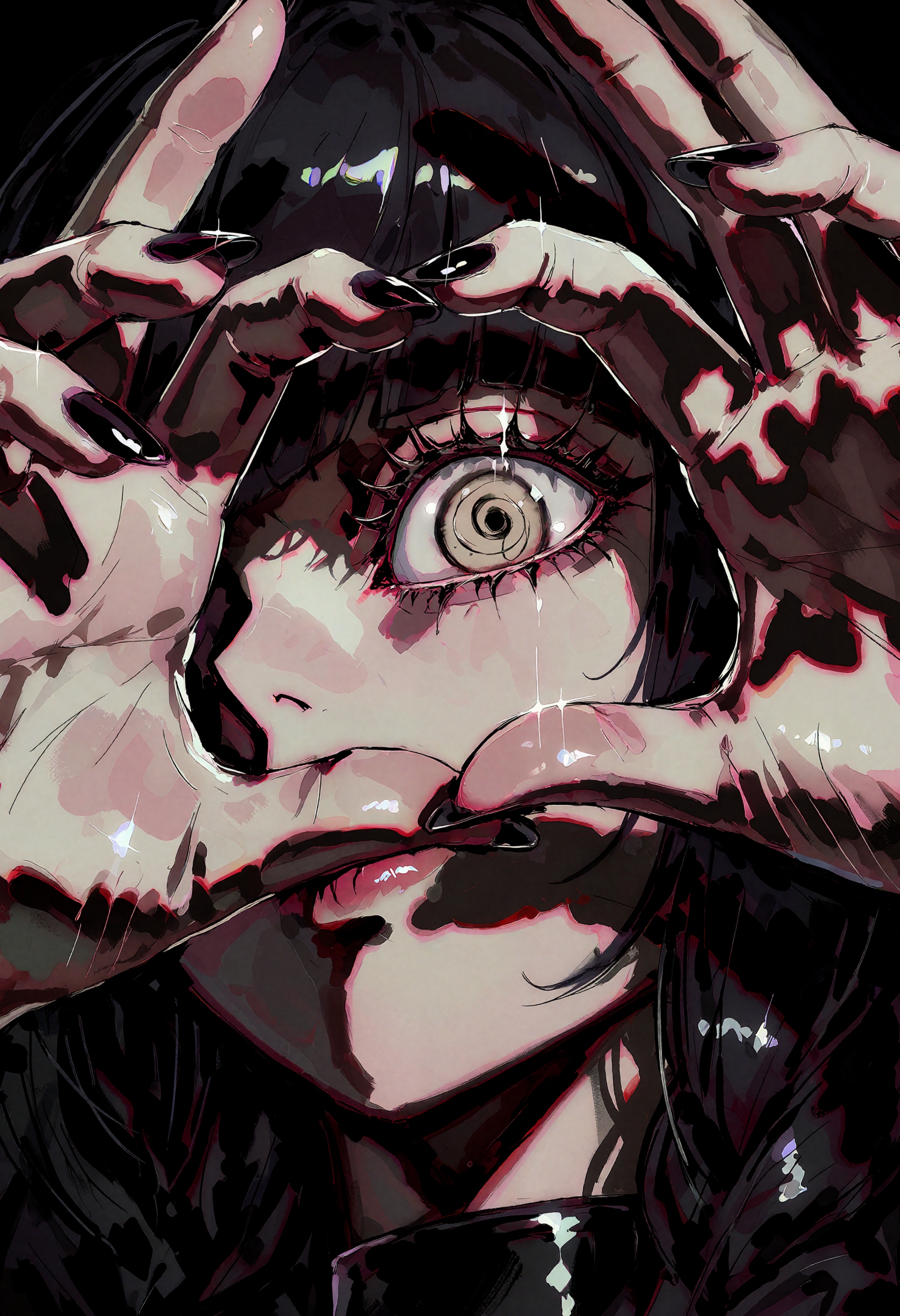 in the style of datcravat,  a figure’s hands emerge from shadowed depths to frame a single eye — its iris replaced by an u...