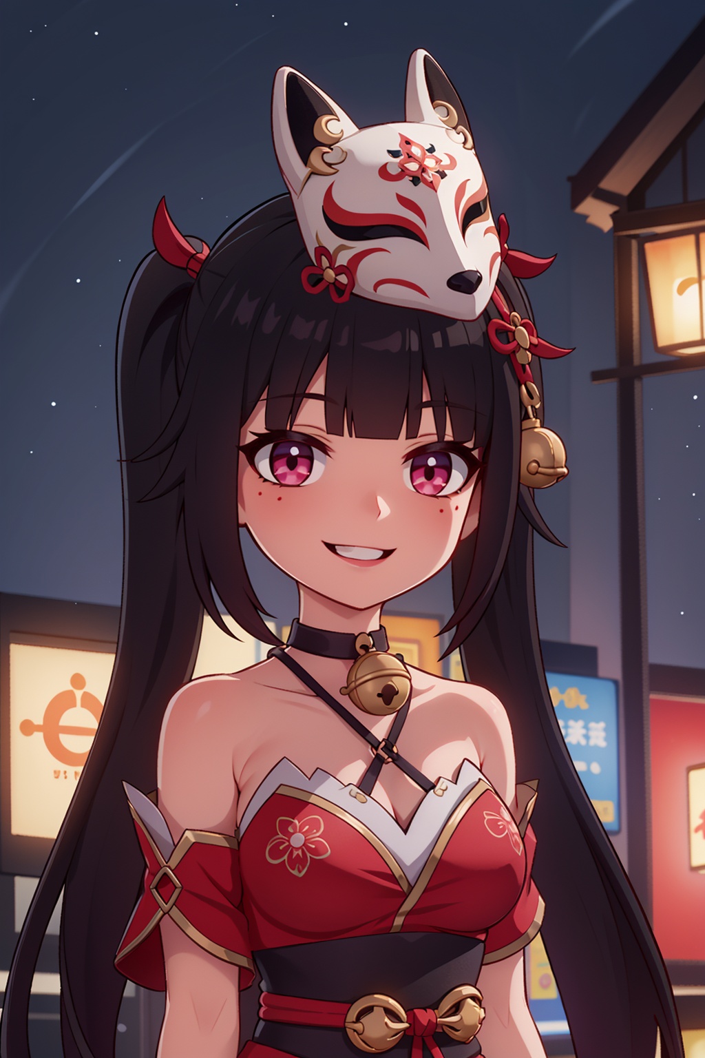 (masterpiece:1.2), (absurdres:1.2), (best quality:1.2), bust, 1girl, solo, twintails, mask, smile, looking at viewer, black hair, long hair, fox mask, mask on head, bell, bangs, night_sky, <lora:huahuo:0.52>, 