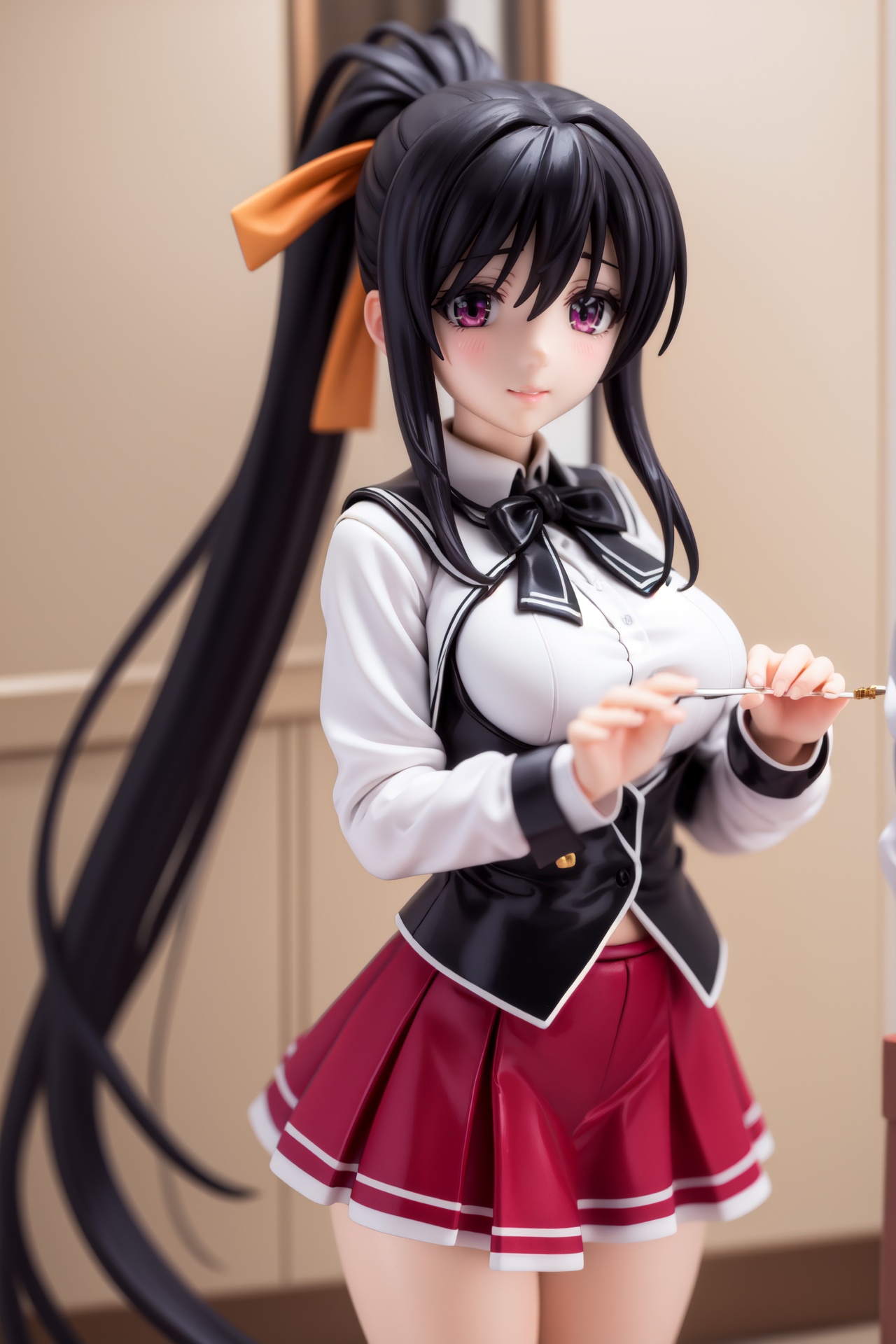 pvc style,akenohimejima, <lora:akeno himejima anime s1-lora-nochekaiser:1>,akeno himejima, long hair, black hair, ribbon, very long hair, (purple eyes:1.1), hair ribbon, ponytail, antenna hair, smile,BREAK skirt, school uniform, shirt, white shirt, capelet, black capelet, long sleeves, red skirt,BREAK indoors, classroom,BREAK looking at viewer, (cowboy shot:1.5),BREAK  (masterpiece:1.2), best quality, high resolution, unity 8k wallpaper, (illustration:0.8), (beautiful detailed eyes:1.6), extremely detailed face, perfect lighting, extremely detailed CG, (perfect hands, perfect anatomy),figma,full body, 