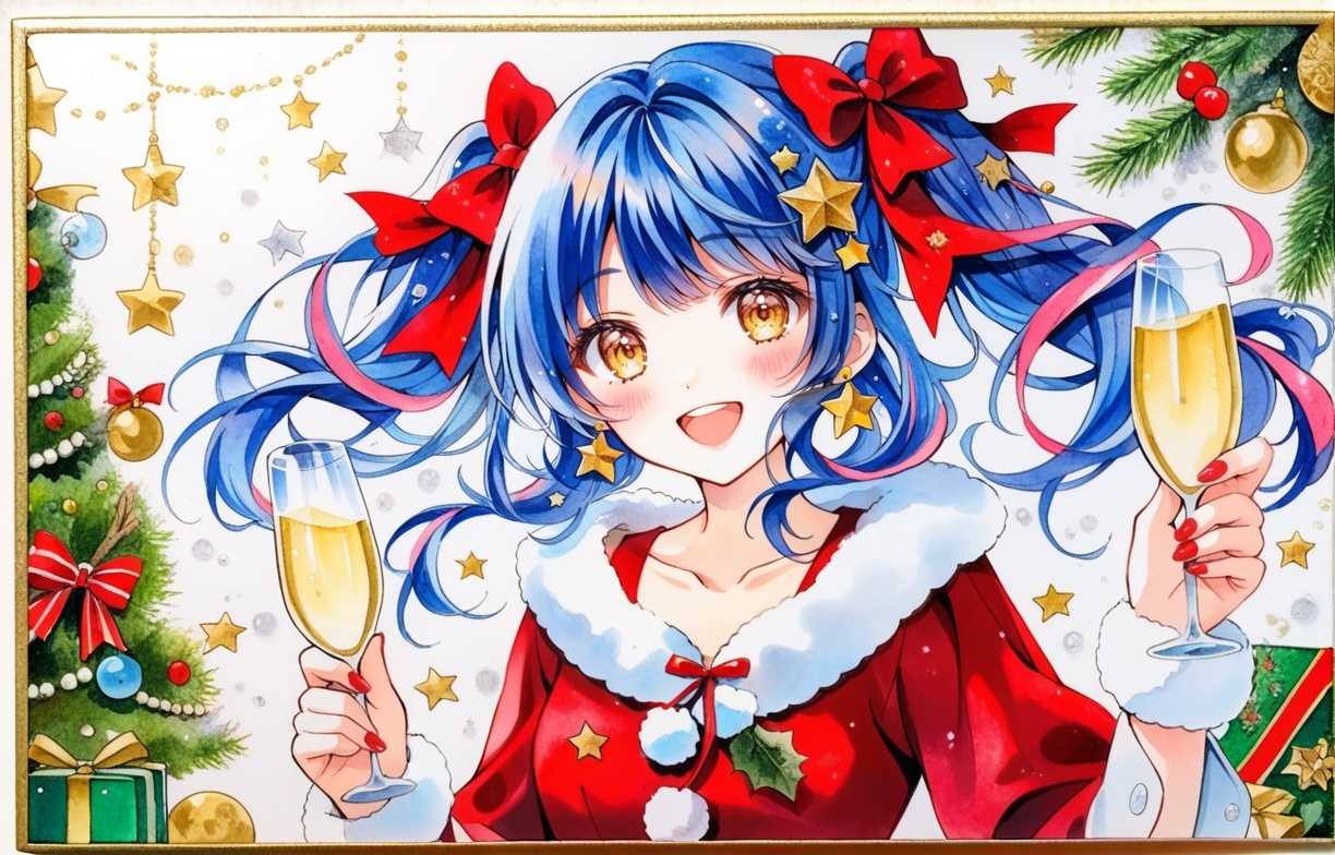 1girl,solo,cup,open mouth,traditional media,drinking glass,smile,ribbon,painting (medium),christmas,earrings,watercolor (medium),jewelry,blue hair,twintails,holding,upper body,upper teeth only,:d,blush,yellow eyes,hair ribbon,holding cup,bangs,red dress,looking at viewer,teeth,star (symbol),yellow ribbon,wine glass,champagne flute,dress,multicolored hair,hair ornament,bow,yellow bow,nail polish,champagne,long hair,shirt,leaf,collarbone,long sleeves,christmas ornaments,food,brown eyes,star hair ornament,alcohol,round teeth,fur trim,star earrings,braid,medium hair,white shirt,holly,fingernails,streaked hair,ribbon braid,pink hair,pom pom (clothes),