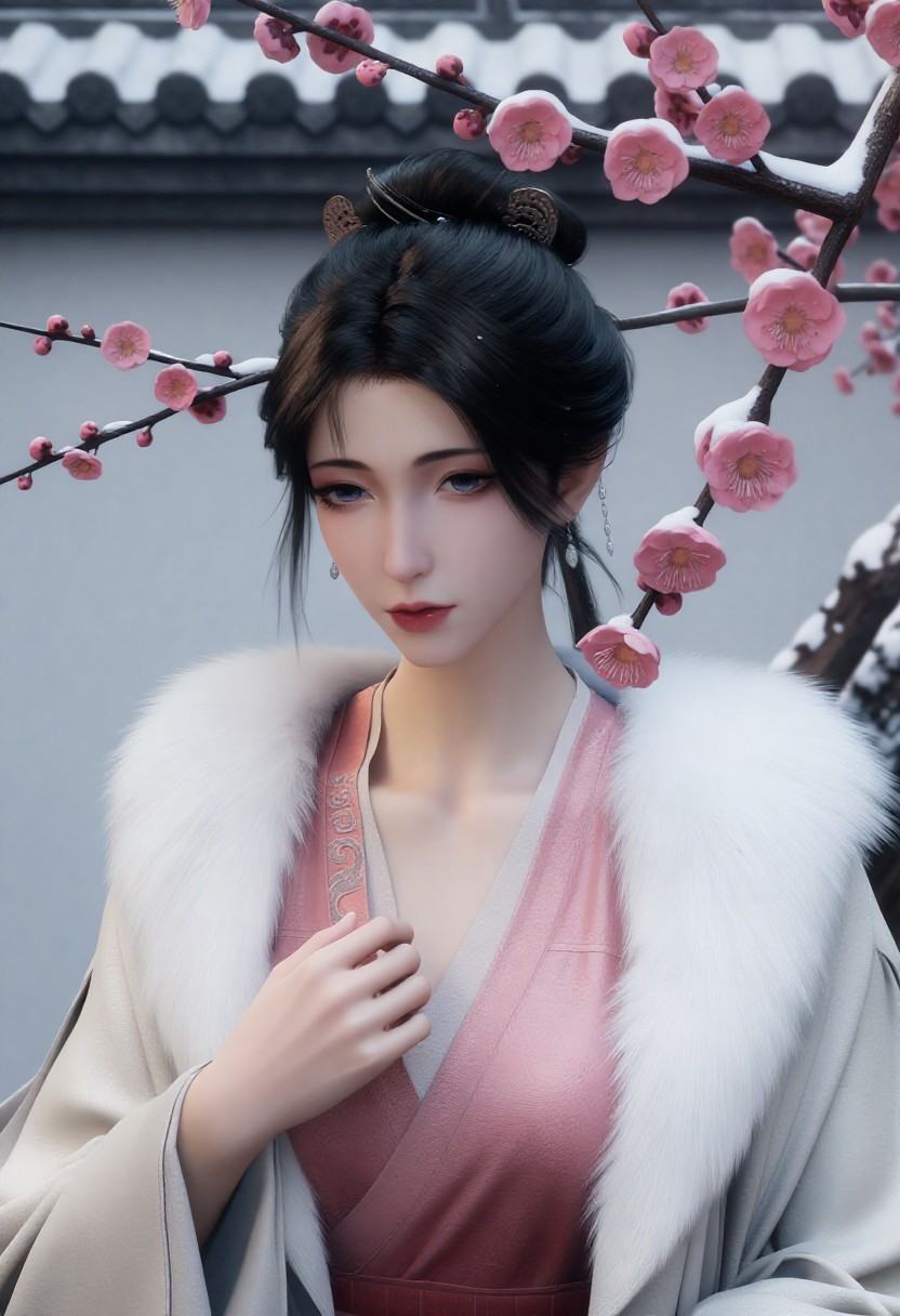 宋玉,一位黑发女性，身着粉色传﷿服饰，外披一件白色﷿皮领子的长袍，领口处有灰白相间的卷草纹样装饰。她的头发为乌黑柔顺，长度及肩，发丝自然垂落，发顶与发梢处可见细碎雪花﷿落。她佩戴一对银色流苏耳坠，面部妆容精致，眼线清晰，唇色为深红褐色。她的右手轻抚在胸前衣襟边缘，手指修长，指甲修剪整齐，指节分明，皮肤白皙细腻，呈现出自然的光泽。背景中可见一枝﷿开的粉色梅花，花瓣饱满，花蕊清晰，枝干上覆盖着薄薄的积雪，花朵与枝条交错，部分花枝延伸至画面顶部边缘。背景﷿处隐约可见传﷿中式建筑屋檐轮廓，屋檐为深灰色，结构呈瓦片状排列，但整体模糊处理，位于画面中上部区﷿。整体构图以人物为中心，梅花枝条从右上方斜向左下方延伸，与人物头部形成视觉引导。画面光线柔和，色调偏冷，主色为粉色、白色、灰黑色，营造出冬日雪中梅花﷿开的静谧氛围。材质表现细腻，衣物布料纹理清晰，﷿皮质感逼真，花瓣与雪花呈现﷿光反射，具有真实感。无任何文字元素。