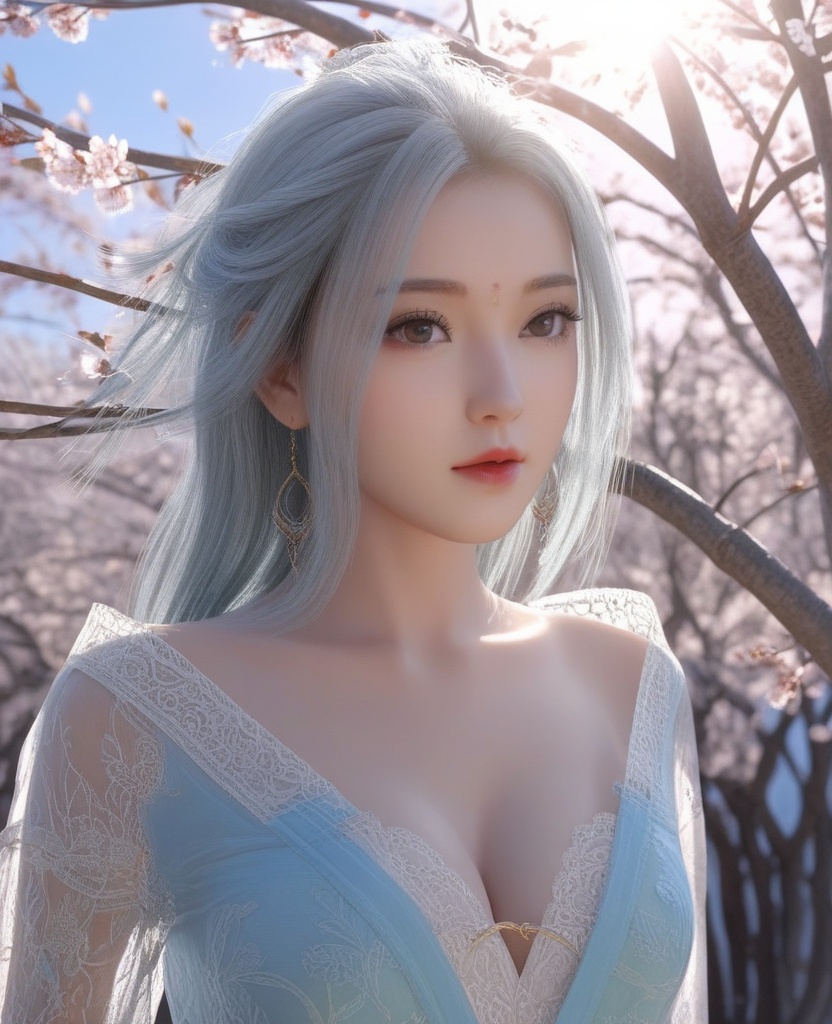<lora:571-DA-XL-眷思量-奉眠:0.8>(,1girl, ,best quality, ),looking at viewer,  ,, ultra detailed background,ultra detailed background,ultra realistic 8k cg,,masterpiece, (( , )), fiction,mole,  ,     ,see-through, lace, (cleavage),(((, solo, sun, , bare_tree, )))