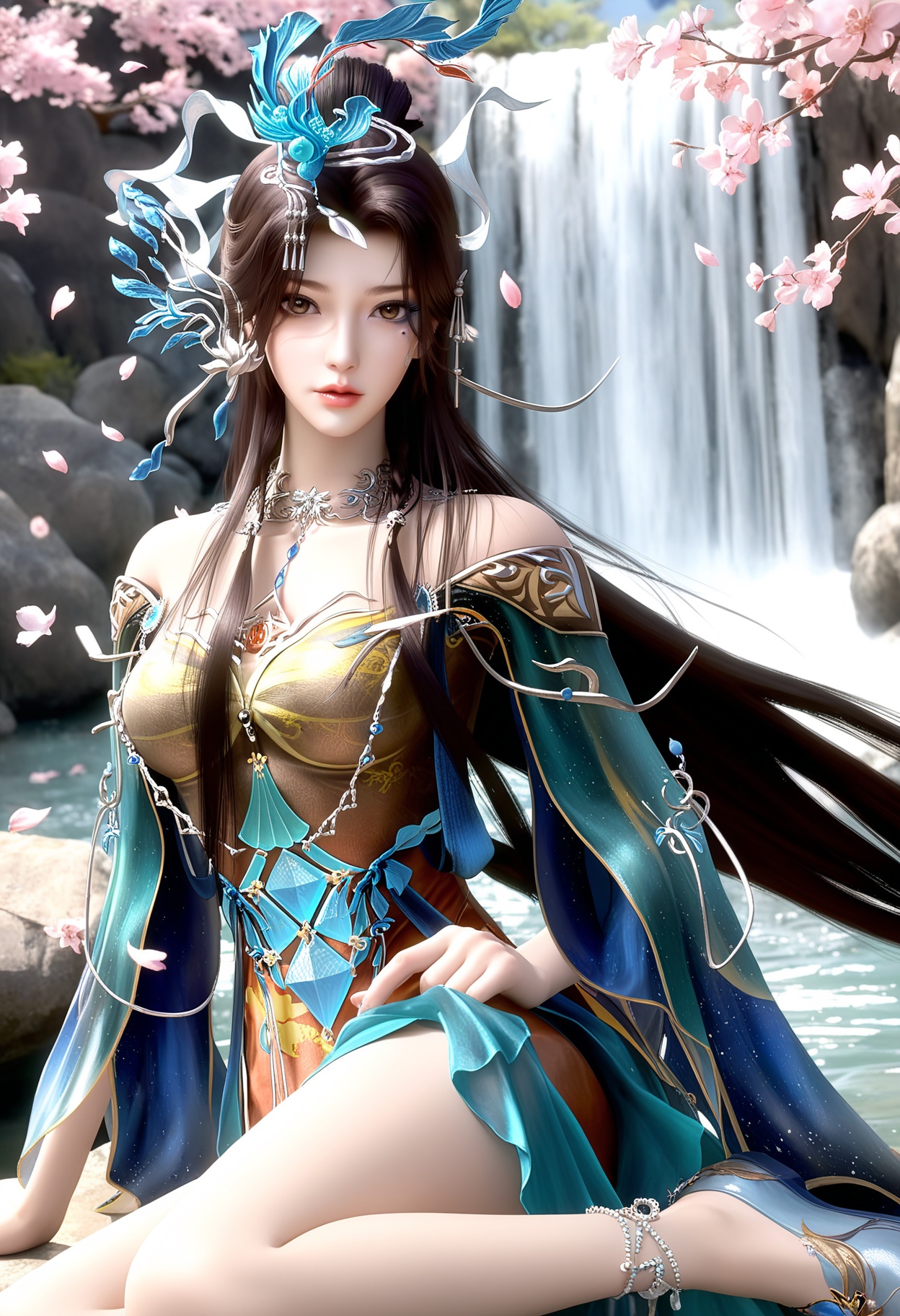 masterpiece,best quality,amazing quality,high resolution,ultra-detailed,absurdres,(looking at viewer:1.1),upper body,(moody lighting:1.1),waterfall,peach blossom,falling petals BREAK large breasts,yunwangshu,1girl,solo,long hair,jewelry,hair ornament,black hair,dress,necklace,brown hair,facial mark,brown eyes,hair bun,chinese clothes,mole under eye,shoes,anklet BREAK photorealistic details,<lora:QQSillyunwangshuV1:0.8>,