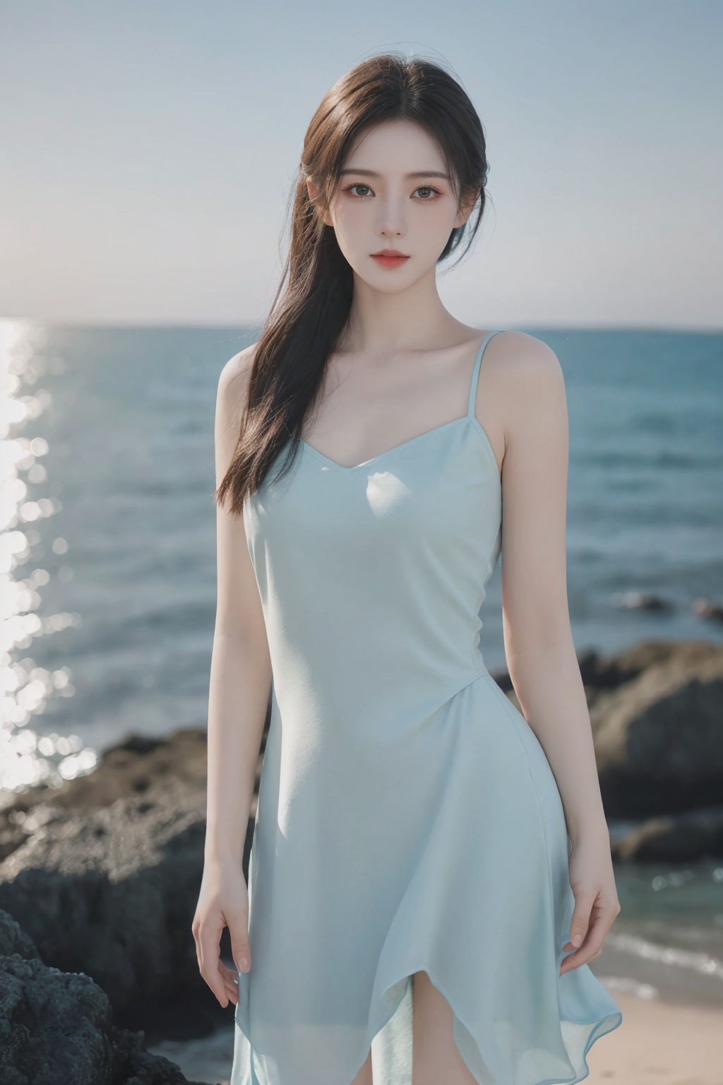 best quality,HDR,UHD,8K,Vivid Colors,solo,medium-shot,(1girl:1.5),(standing:1.3),from front,soft light,(looking at viewer:1.6),Elegant,detailed gorgeous face,<lora:add_detail:0.5>,(sea background:1.1),cowboy shot,, rc,starry sky print,  <lora:美女1.0:1>