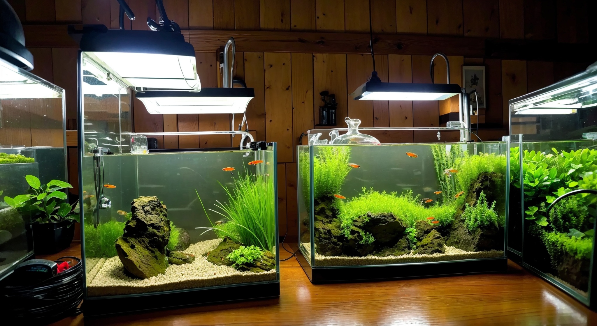 Micro landscape, lantern fish swimming in this space, wood,(lampfish: 1.5),there are many aquatic plants, plants and wood,((Best quality)),((Best quality)),((realistic)),((exterior view)),photo realistic,(masterpiece),orante,super detailed,intricate,photo like quality